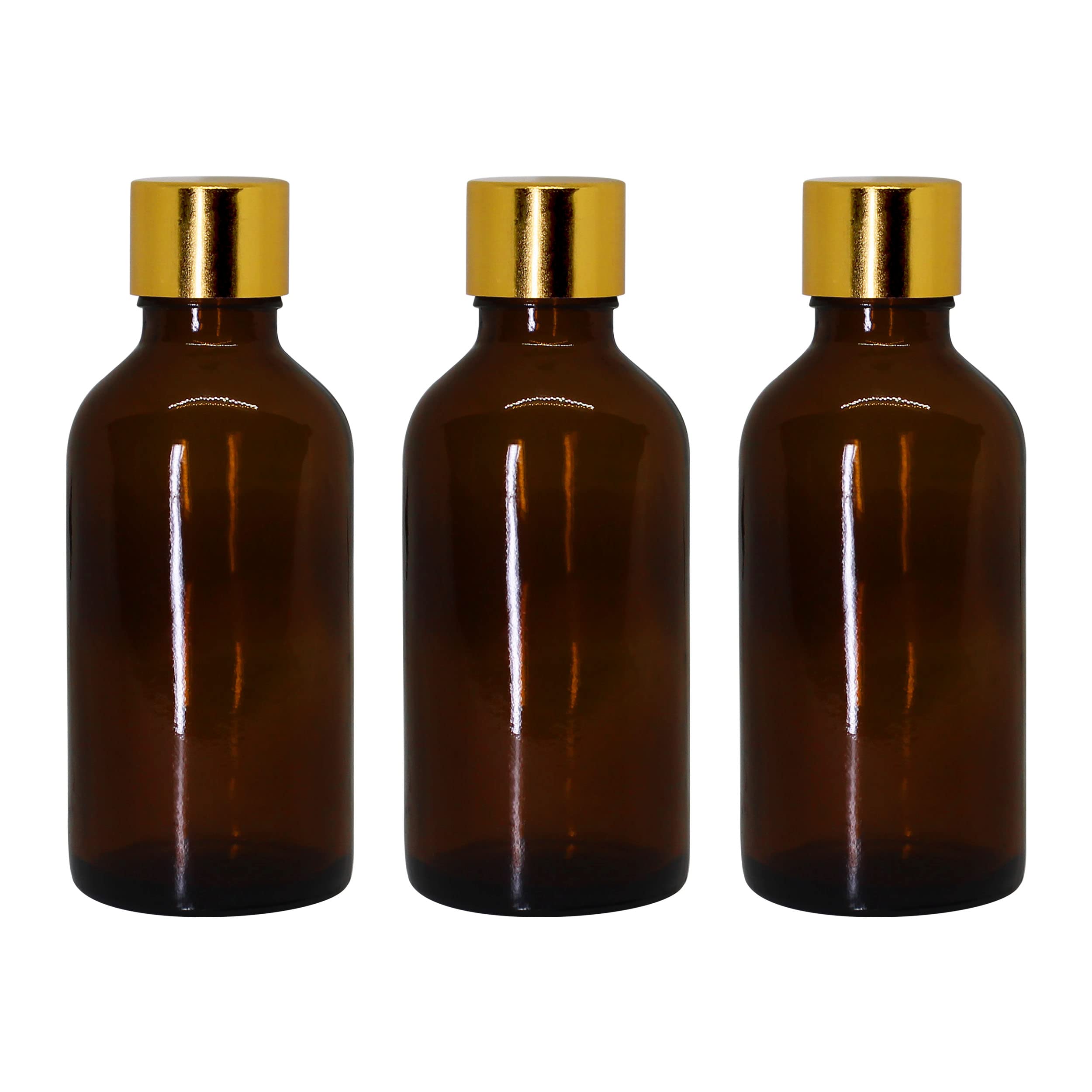 NSB Herbals 50ml Amber Round Empty Glass Bottle with Gold Seal Cap & Safety Plug - Refillable, Leak Proof for Essential Oils, Perfumes, DIY Beauty Products (Pack of 3) - Perfect for Aromatherapy, Travel & Home Storage