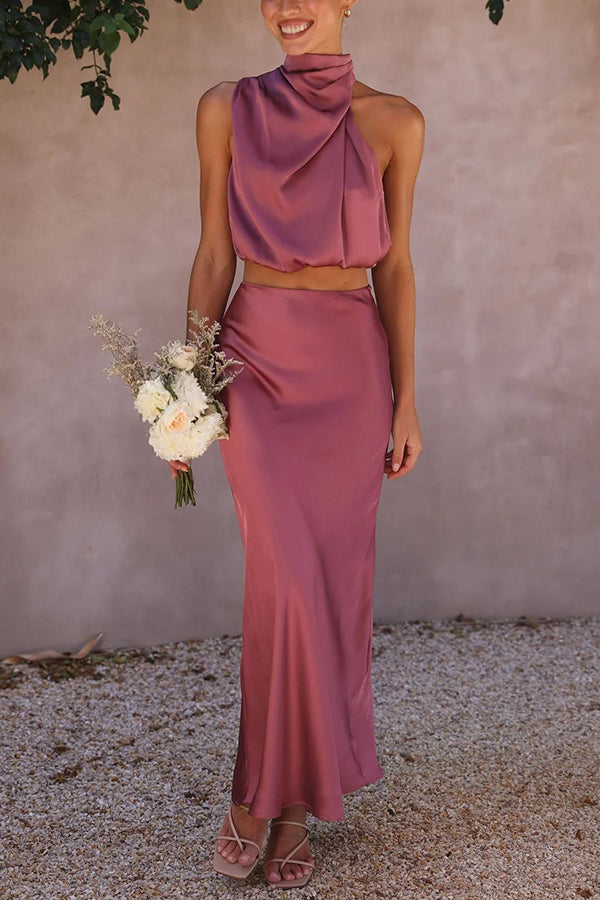 Such A Vibe Women's High Neck Satin Drape Maxi Skirt Set - Elegant Evening Dress for Parties, Weddings & Special Occasions
