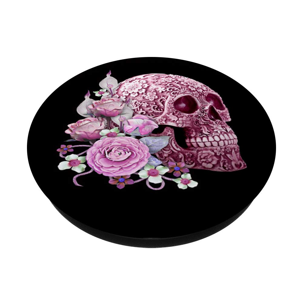 Pink Floral Sugar Skull Day of the Dead PopSockets PopGrip - Swappable Phone Grip for iPhone, Samsung & Tablets - Perfect for Halloween, Dia de los Muertos & Everyday Use
