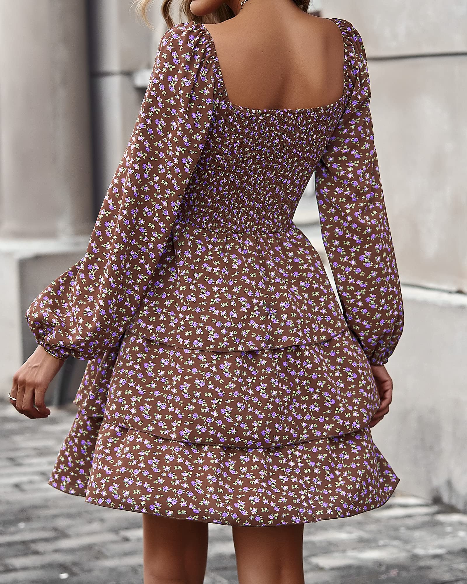 BTFBM Women's Floral Swiss Dot Boho Dress - Square Neck Smocked Long Sleeve Mini Dress for Spring & Summer 2025 | Perfect for Wedding Guest, Garden Party & Casual Outings