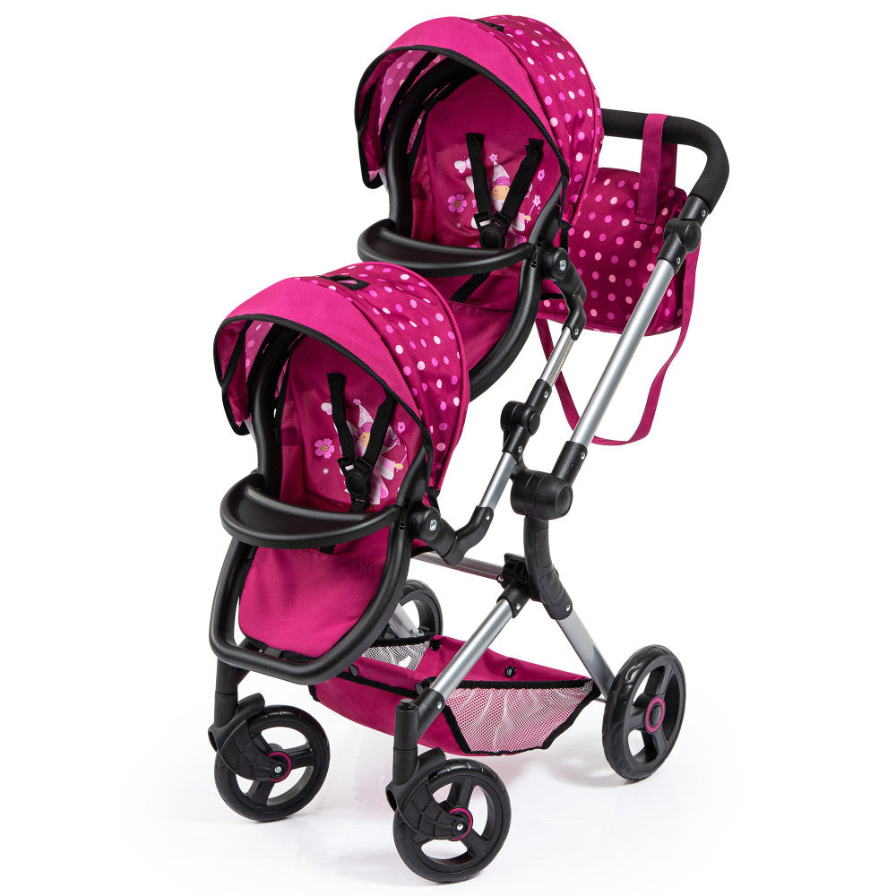 Bayer Design Neo Twin Doll Stroller - Hot Pink & Polka Dots Fairy Theme Baby Doll Pushchair for Kids Age 3+ | Perfect for Pretend Play, Outdoor Walks & Role-Playing Games