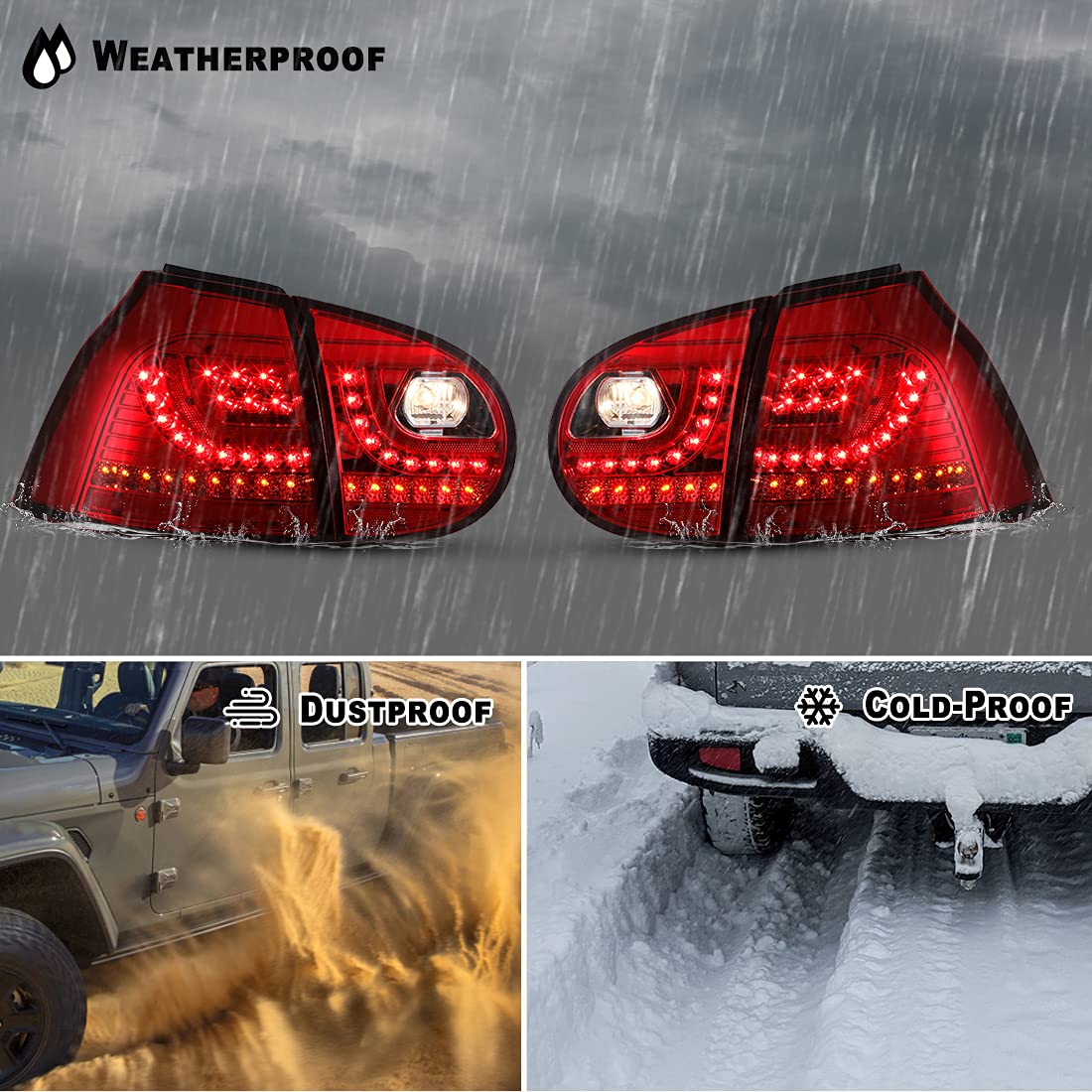 ROXX LED Tail Lights Assembly for 2006-2009 Volkswagen Golf 5/GTI & Rabbit - Direct Replacement with DRL, Turn Signal & Brake Lights (Pair, Driver & Passenger Side) - Upgrade Your Car's Style & Safety for Night Driving & Daily Commutes