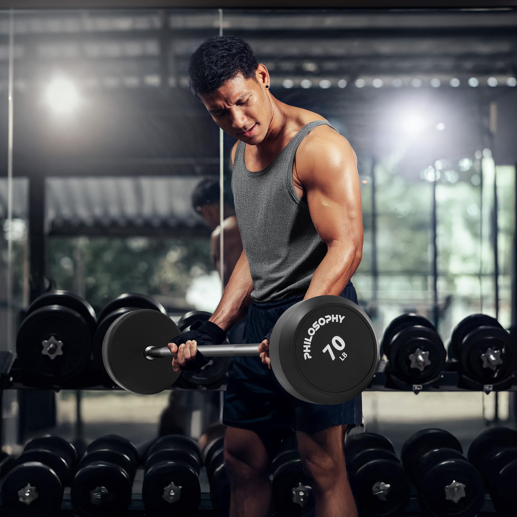 Philosophy Gym Rubber Fixed Barbell - Pre-Loaded Weight Straight Bar for Strength Training, Weightlifting & CrossFit | Perfect for Home Gym, Powerlifting & Functional Fitness Workouts