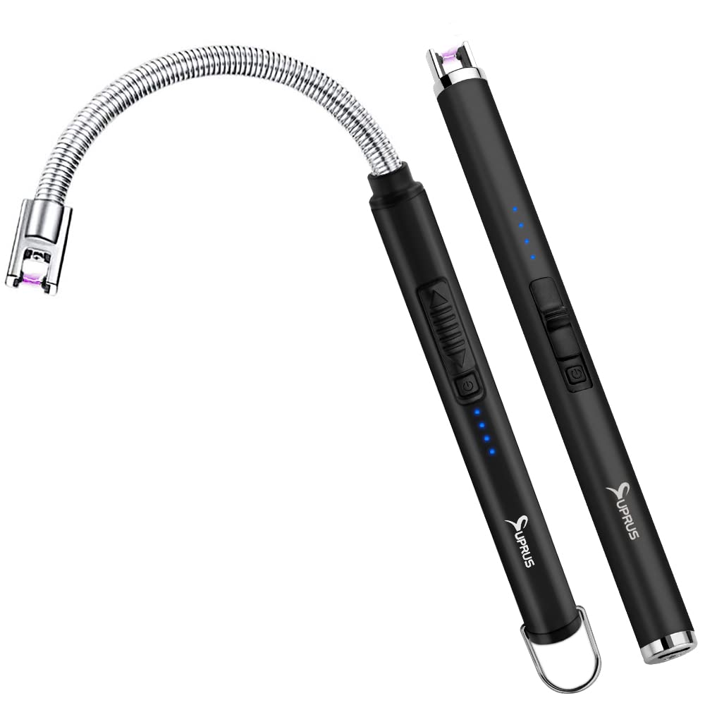 SUPRUS USB Rechargeable Plasma Lighter - Windproof Flameless Electric Lighter with LED Battery Display & Safety Switch (1 Pocket Lighter + 1 Flexible Lighter) - Perfect for Candles, Camping, BBQ & Outdoor Use
