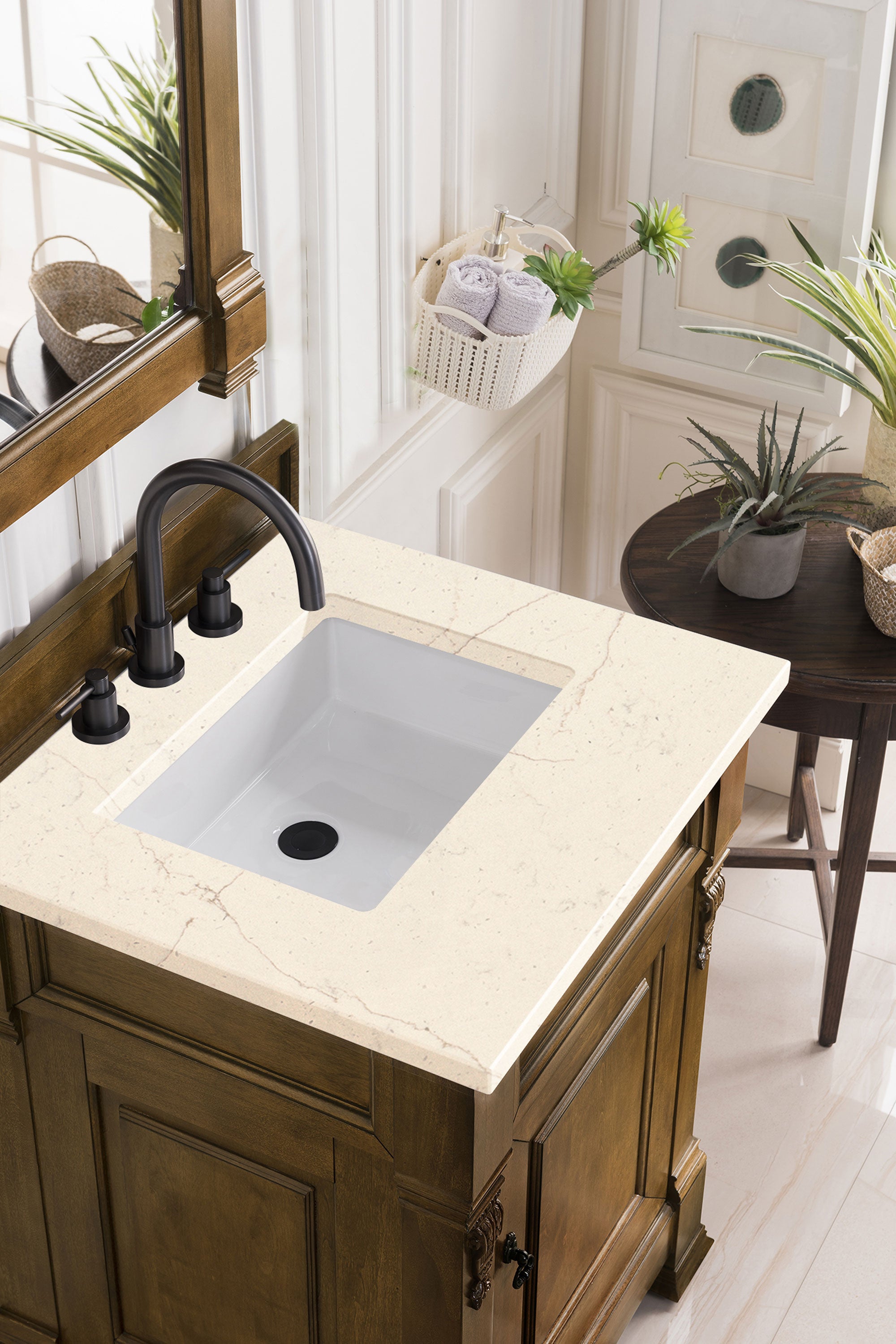 Brookfield 26 Inch Single Bathroom Vanity Set with Country Oak Finish & 3CM Eternal Marfil Quartz Countertop - Perfect for Modern Farmhouse, Rustic, or Traditional Bathroom Decor