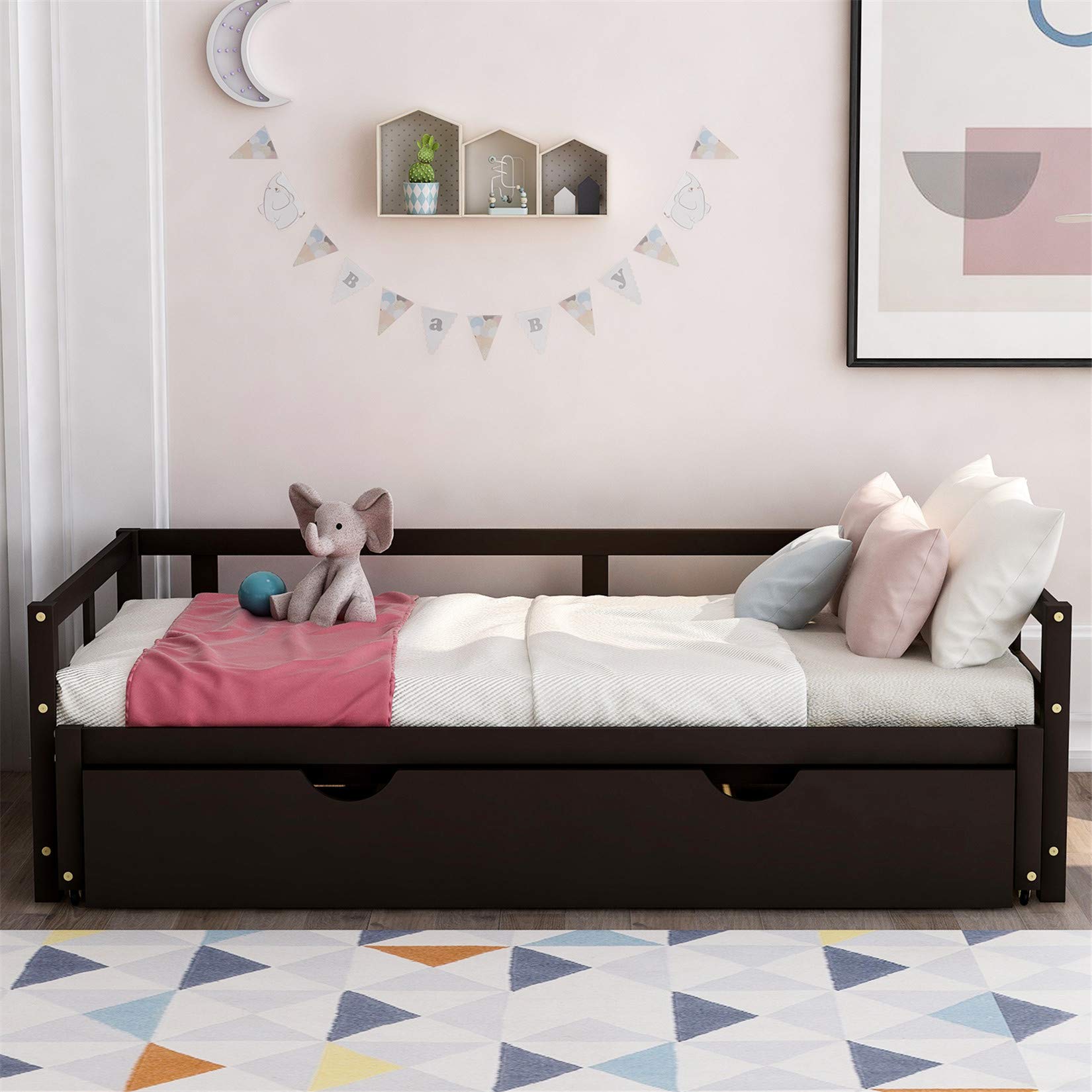 Convertible Daybed with Trundle - Twin to King Size Sofa Bed | Solid Wood Extendable Sleeper for Bedroom & Living Room | Espresso Finish | Perfect for Guest Rooms, Small Spaces & Multi-Functional Furniture Needs