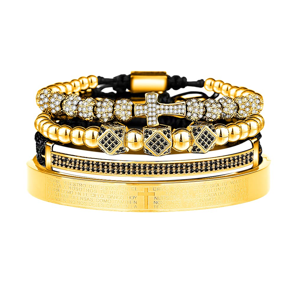 WFYOU Imperial Crown Bracelet for Men - 18kt Gold Plated Cubic Zirconia Beaded Cross Charm Bracelet - Luxury Jewelry Gift for Him - Perfect for Weddings, Anniversaries & Special Occasions