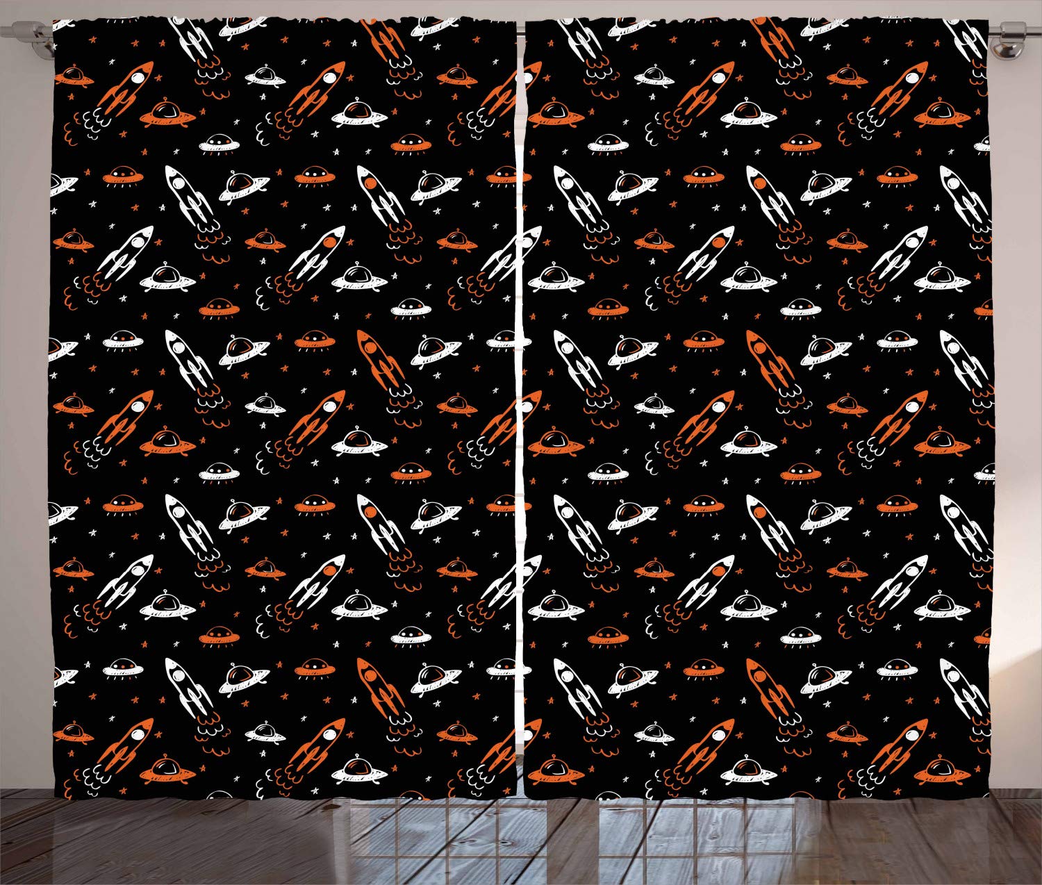 Ambesonne Space Themed Black Orange White Curtains - Cartoon Doodle Spacecraft, UFOs, Aliens & Stars Print - 108