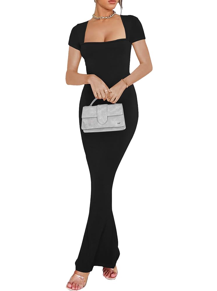2025 Summer Women's Bodycon Maxi Dress - Sleeveless Square Neck Ribbed Fitted Long Dress for Lounge, Semi-Formal & Evening Wear | Slim Tight Stretchy Party Cocktail Dress