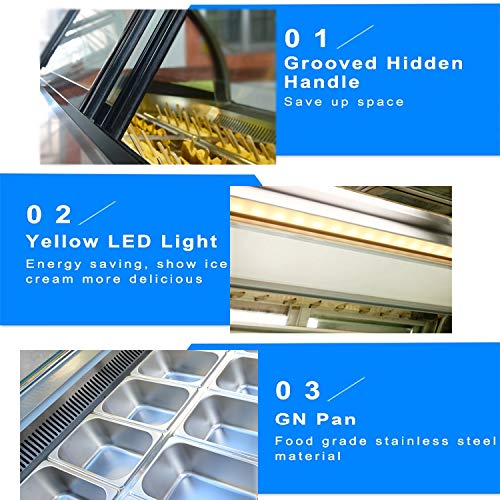 Kolice 18-Pan Commercial Gelato Display Freezer with Auto Defrost - Anti-Fog Glass, LED Lighting & Air Convection Cooling - Perfect for Ice Cream Shops, Bakeries, Cafes and Dessert Stores