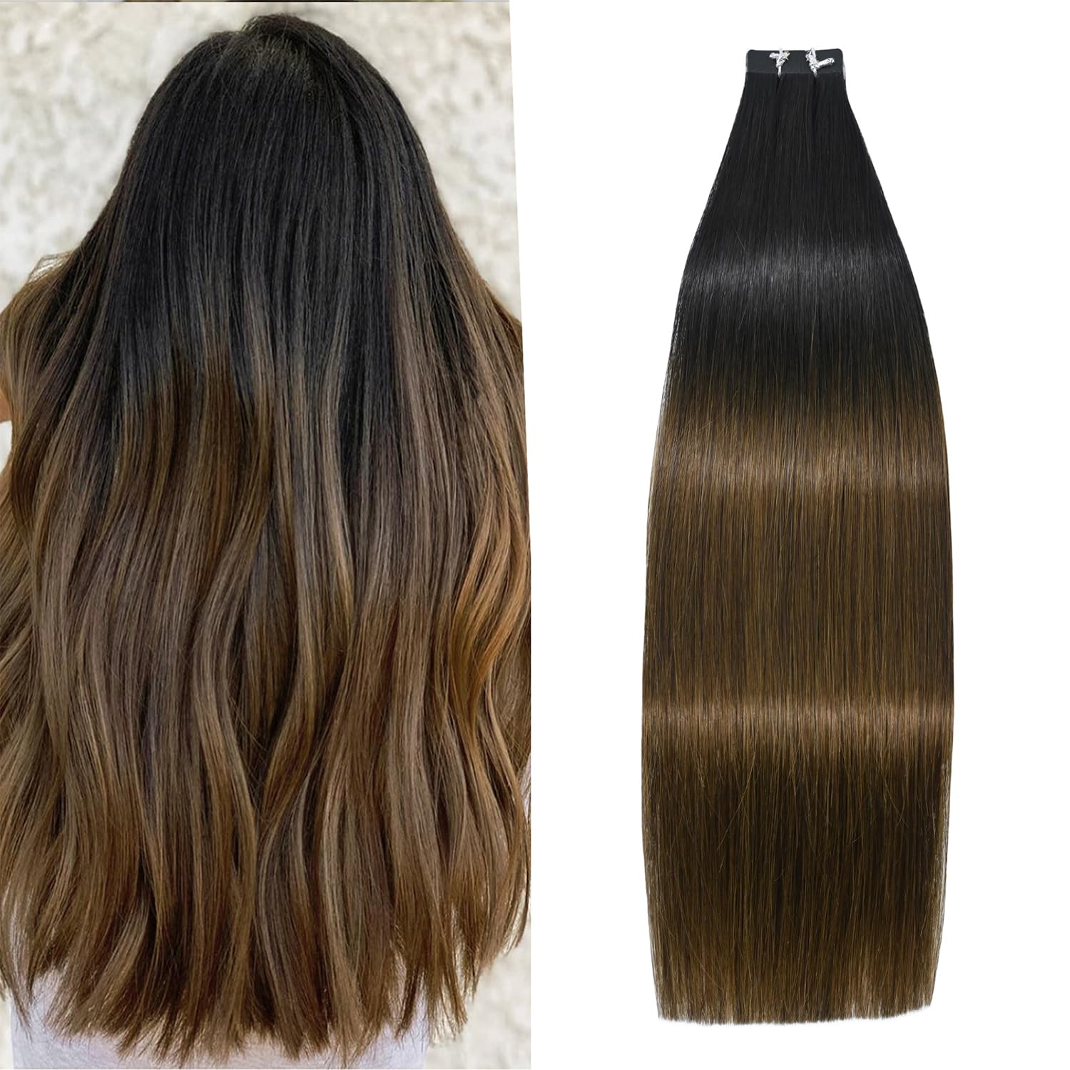 WindTouch Tape in Human Hair Extensions 16 Inch - Balayage Ombre Black to Chocolate Brown, 50g 20pcs, Remy Hair, Glue-Free, Thick Full Ends for Natural Look | Perfect for Daily Wear, Parties, Weddings & Special Occasions