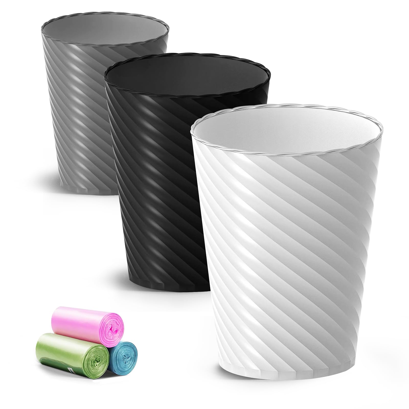 Lysam 3-Pack 1.8 Gallon Small Bathroom Trash Can with Liners - Round Plastic Waste Basket for Bathroom, Bedroom, Office - White, Black, Grey - Perfect for Tight Spaces & Home Organization
