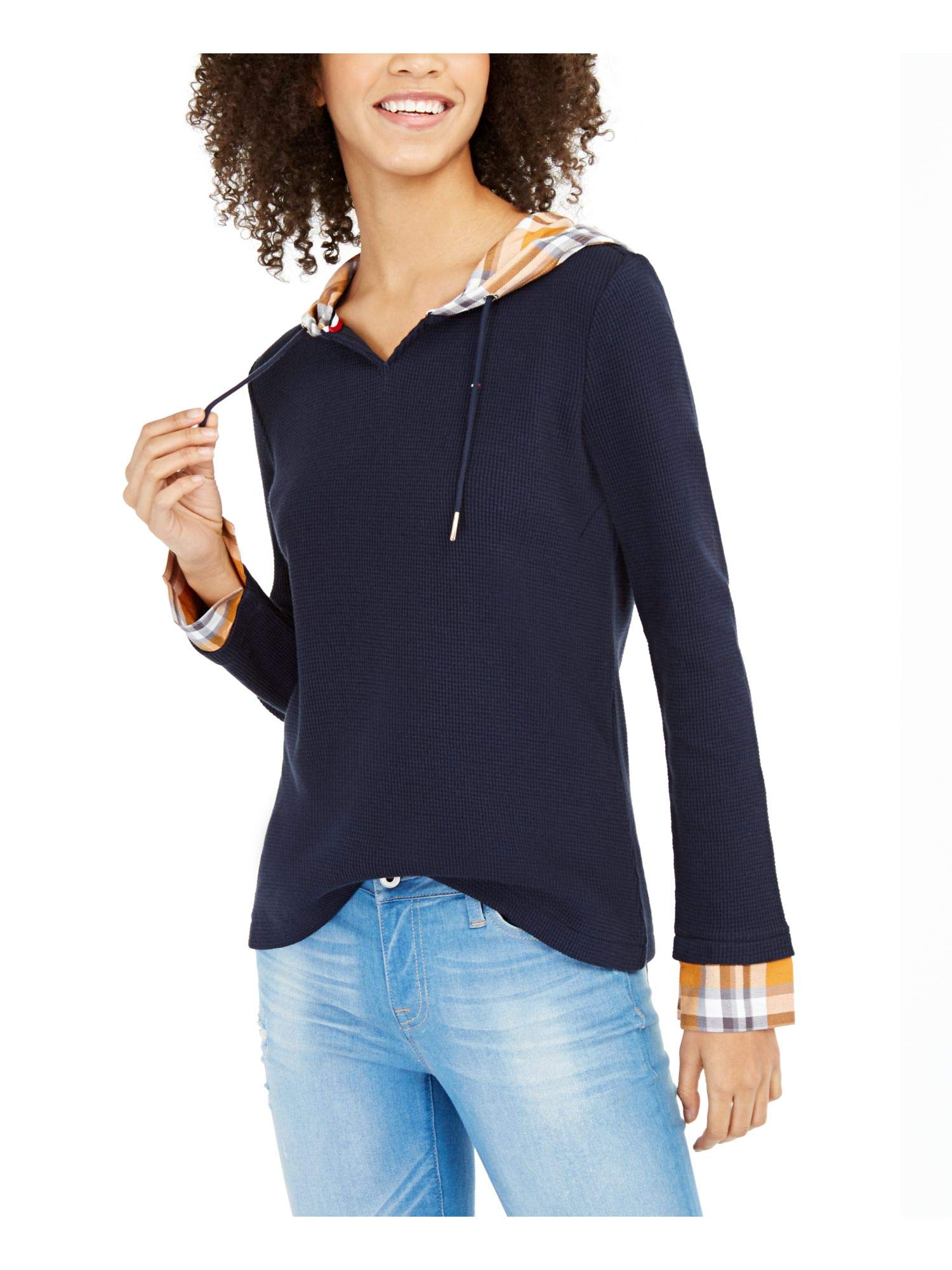 Tommy Hilfiger Women's Blue Sky Captain Plaid Waffle Knit Hooded Sweatshirt - Soft Layered Pullover Hoodie for Casual Wear, Outfits & Fall Fashion (Small)
