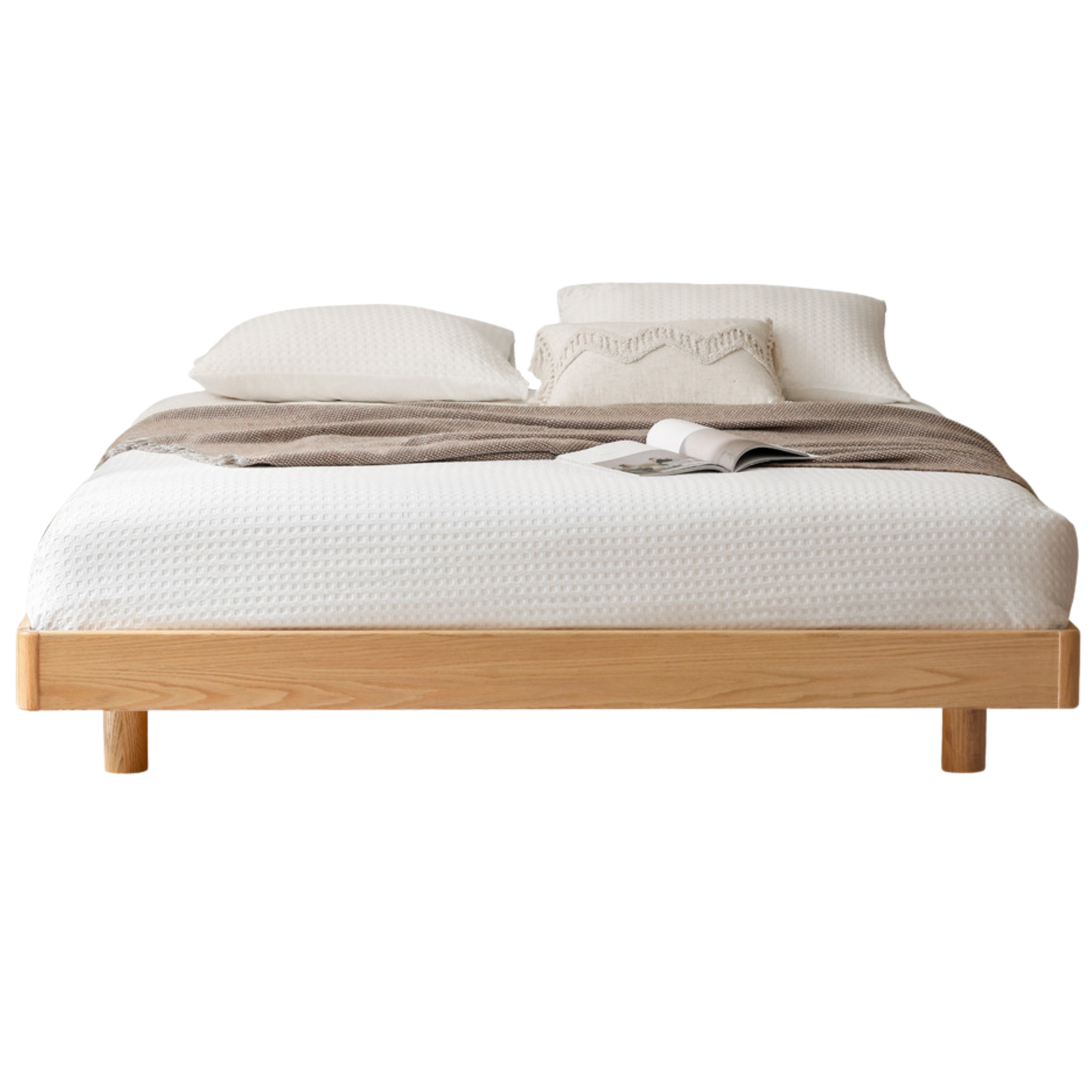 Solid Oak Wood Floating Platform Bed - No Headboard Modern Minimalist Bed Frame with LED Lights for Bedroom, Guest Room, or Studio Apartment