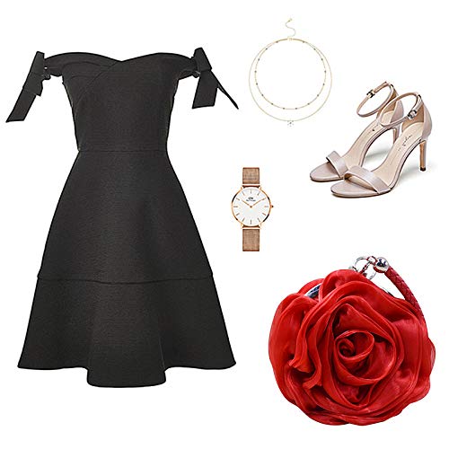 Millya Women's Rose Floral Evening Clutch Bag - Handmade Wedding Prom Tote with Chain Shoulder Strap (A-Red) | Perfect for Parties, Date Nights & Formal Events