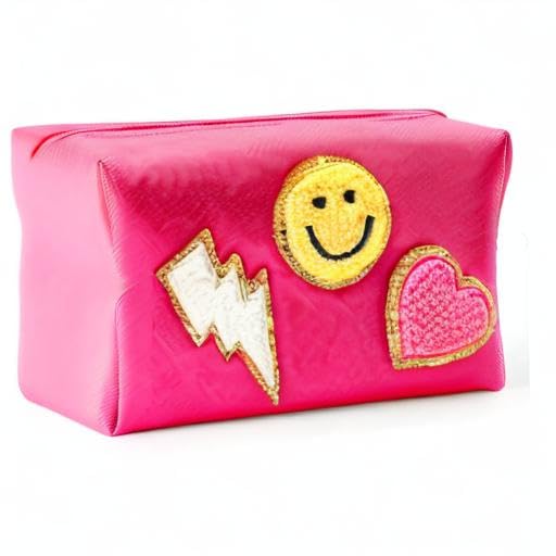 LieToi Preppy Patch Small Toiletry Bag - Waterproof PU Leather Cosmetic & Makeup Organizer for Women & Girls | Travel, Gym, Daily Essentials Storage | Perfect Gift (Rose Red)
