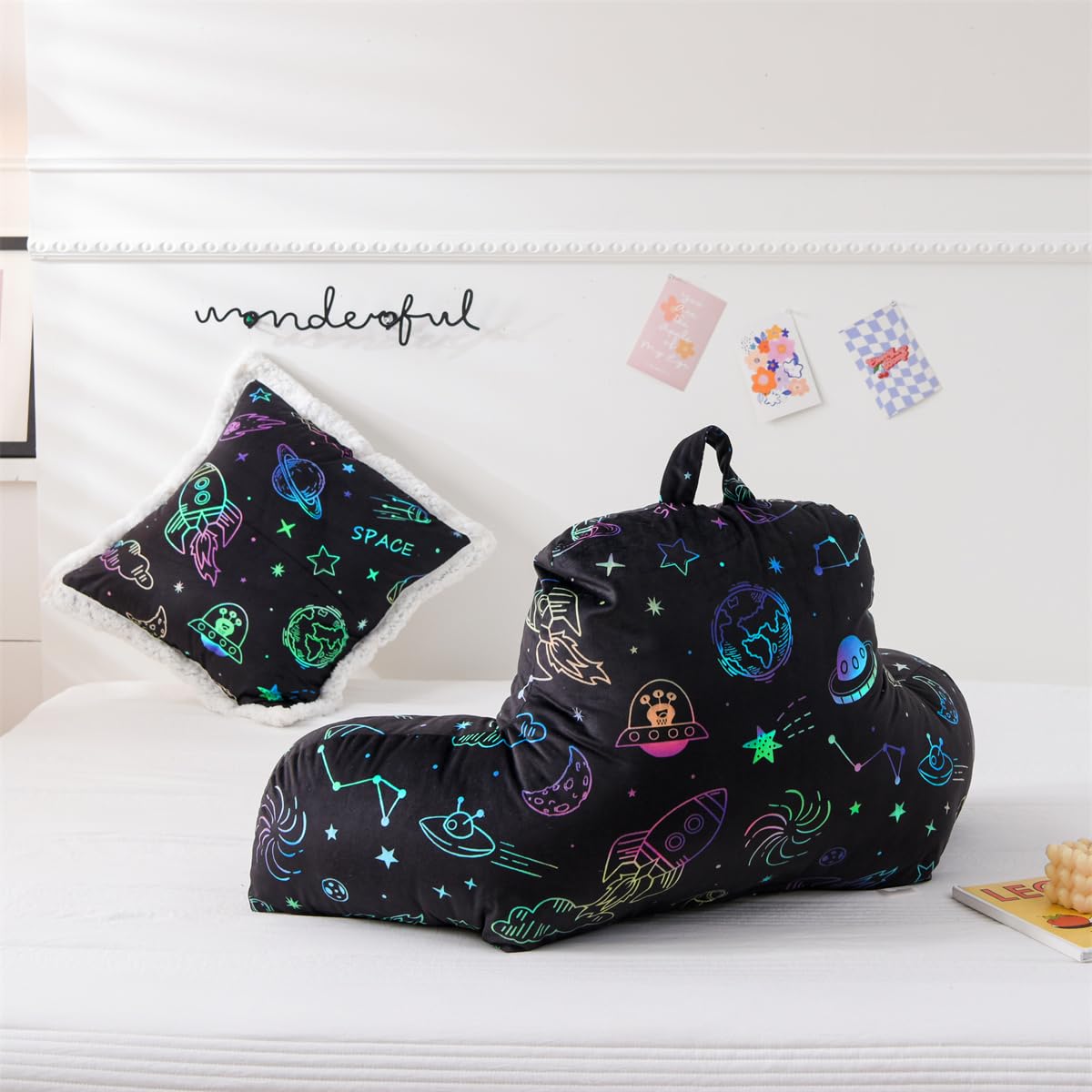 **Holawakaka Kids Reading Pillow with Arms - Space Rocket Print Plush Bed Rest Pillow for Teens & Petites - Back Support Cushion for Sitting in Bed, Sofa, Chair, or Lounge - Includes 1 Decorative Pillowcase - Perfect for Reading, Gaming & Relaxing**