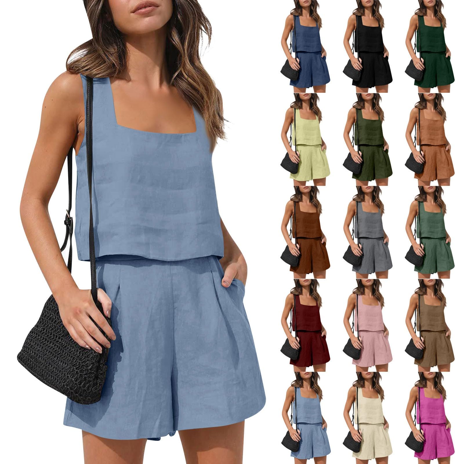 2 Piece Lounge Sets for Women - 2024 Summer Cotton Pajama Set with Sleeveless Square Neck Tank Top & Pocket Shorts | Comfortable Homewear, Sleepwear & Casual Outfit for Relaxing, Lounging, Traveling