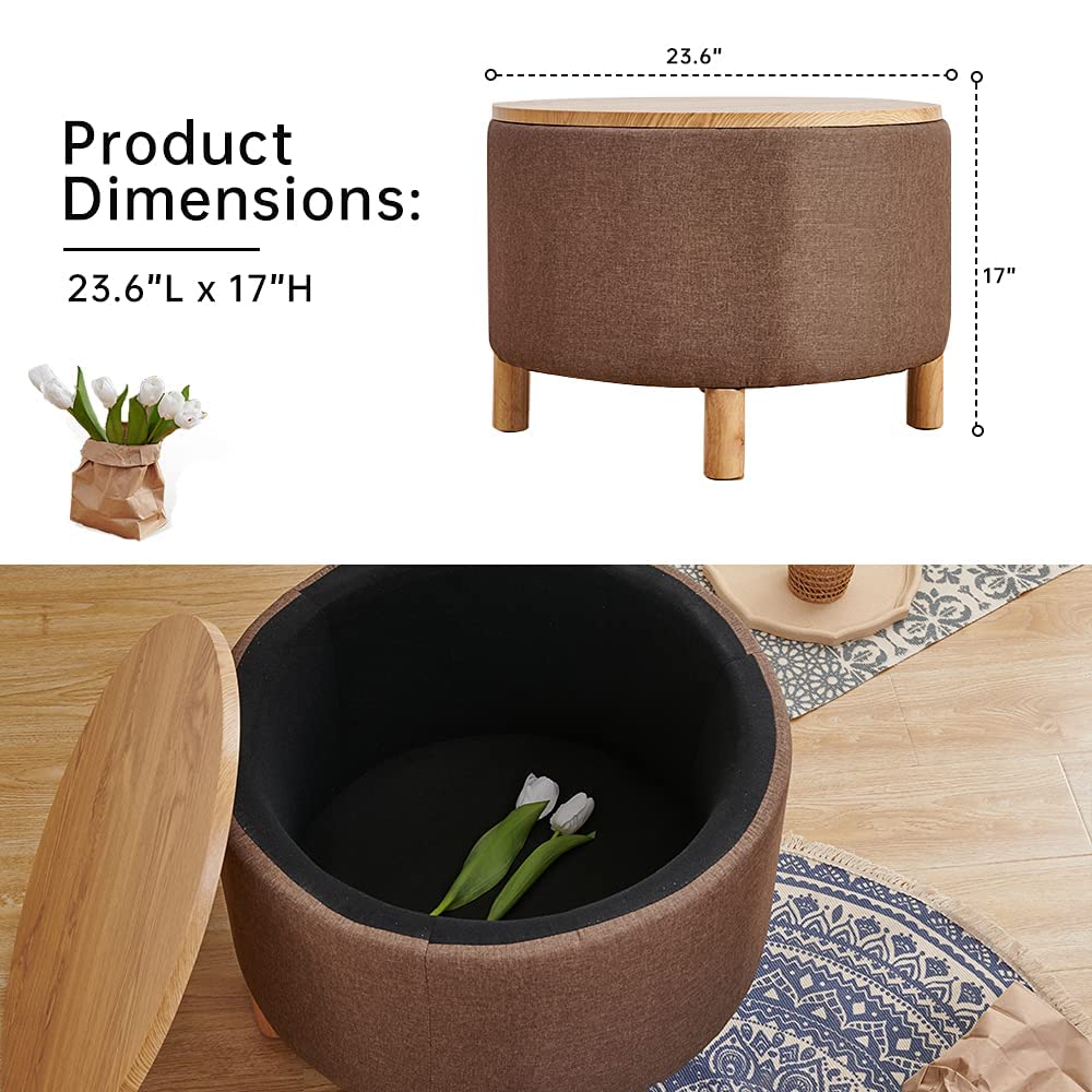 Round Coffee Table with Storage - Multi-Function Ottoman Foot Rest, High-Capacity Cotton Linen Fabric, Natural Color - Perfect for Living Room, Bedroom & Home Office Use