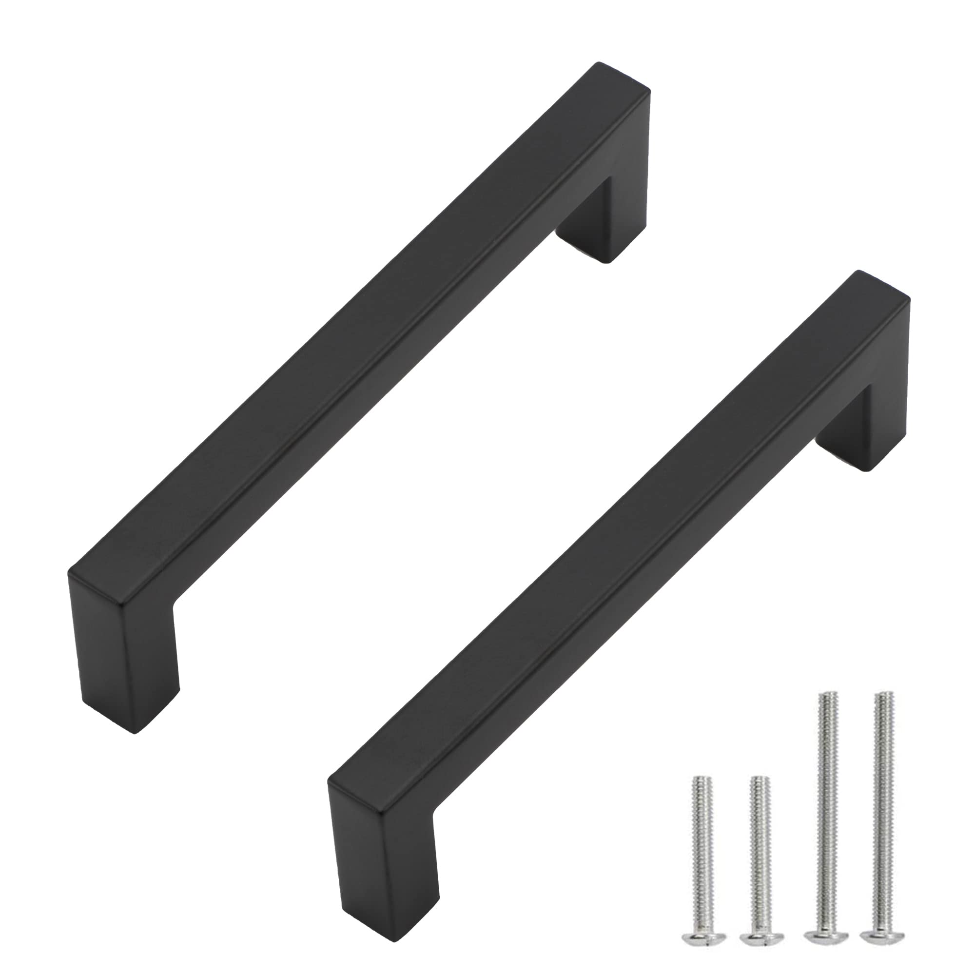 Matte Black Cabinet Pulls - 5 Pack 6-1/4 Inch Square Drawer Handles, Stainless Steel Kitchen Cupboard Hardware (160mm Hole Centers) - Perfect for Modern Kitchen & Bathroom Cabinets