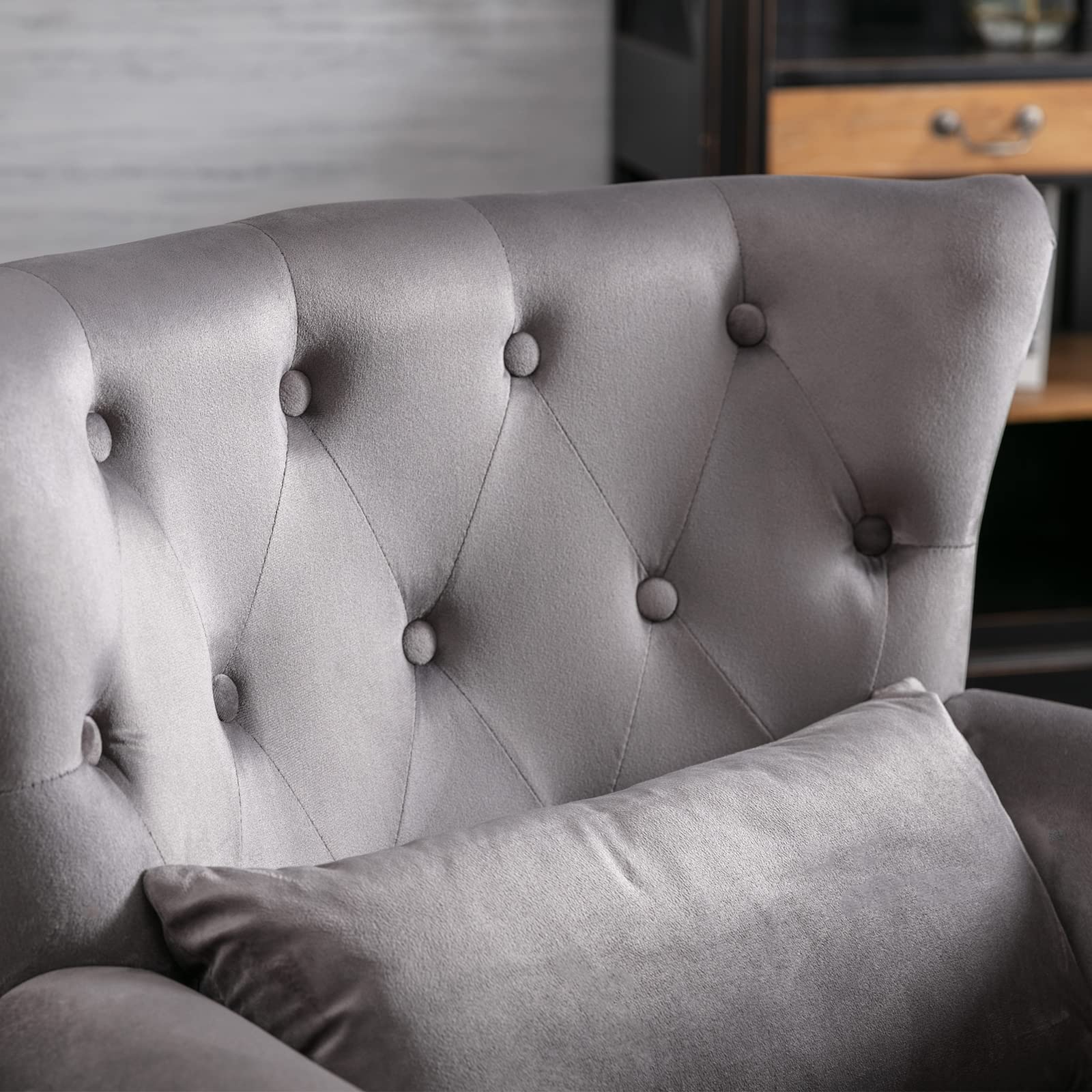 Midcentury Modern Accent Reading Arm Chair - Velvet Grey Wingback Club Chair with Button Tufted Back & Lumbar Pillow for Living Room, Bedroom, Office Waiting Area - Perfect for Reading Nooks, Lounge Spaces and Cozy Corners