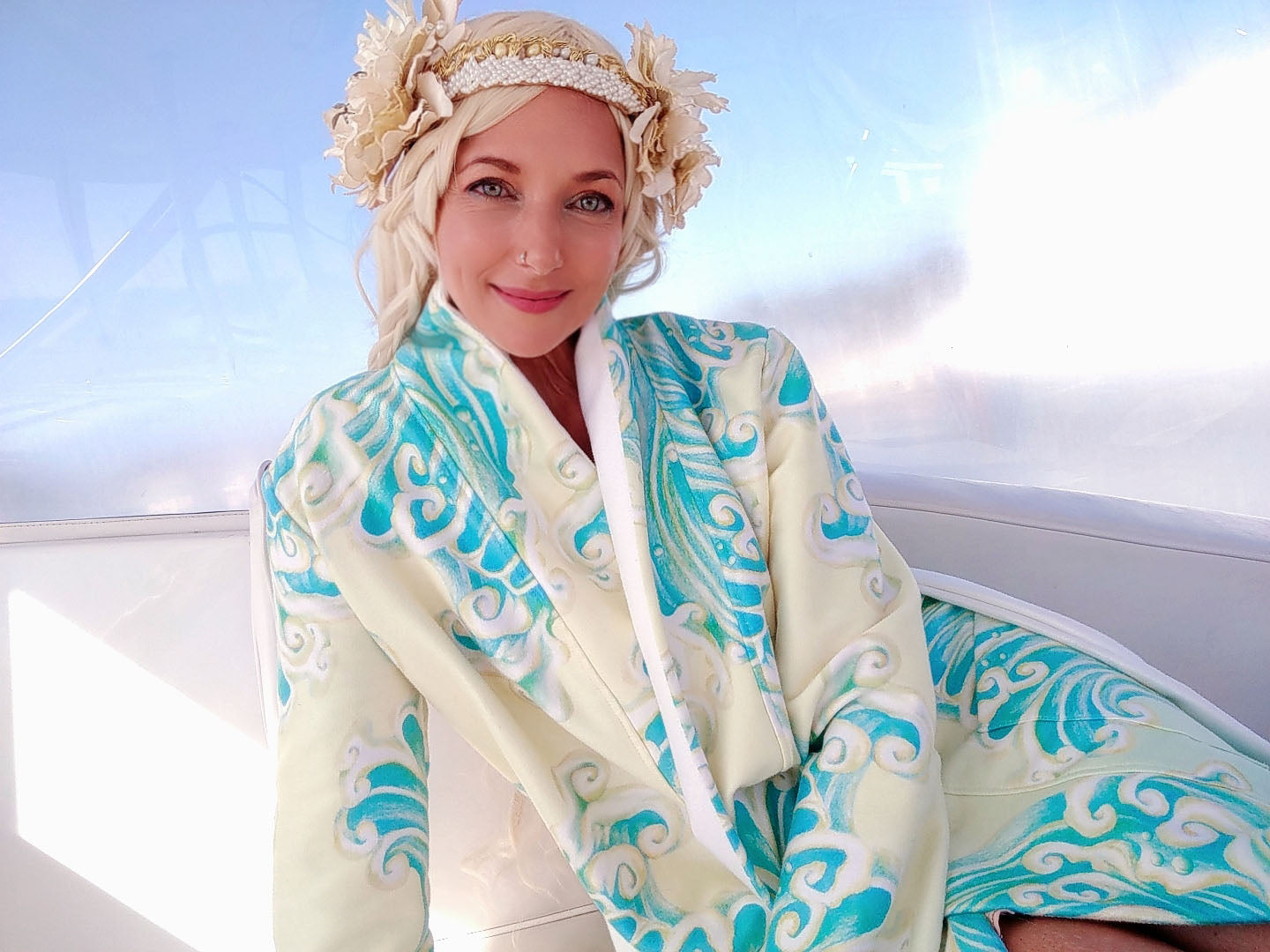 Hannah Mermaid Golden Wave Luxury Terry Robe for Women - Soft Bathrobe with Pockets - Perfect for Spa, Beach Cover-Up, and Relaxing at Home