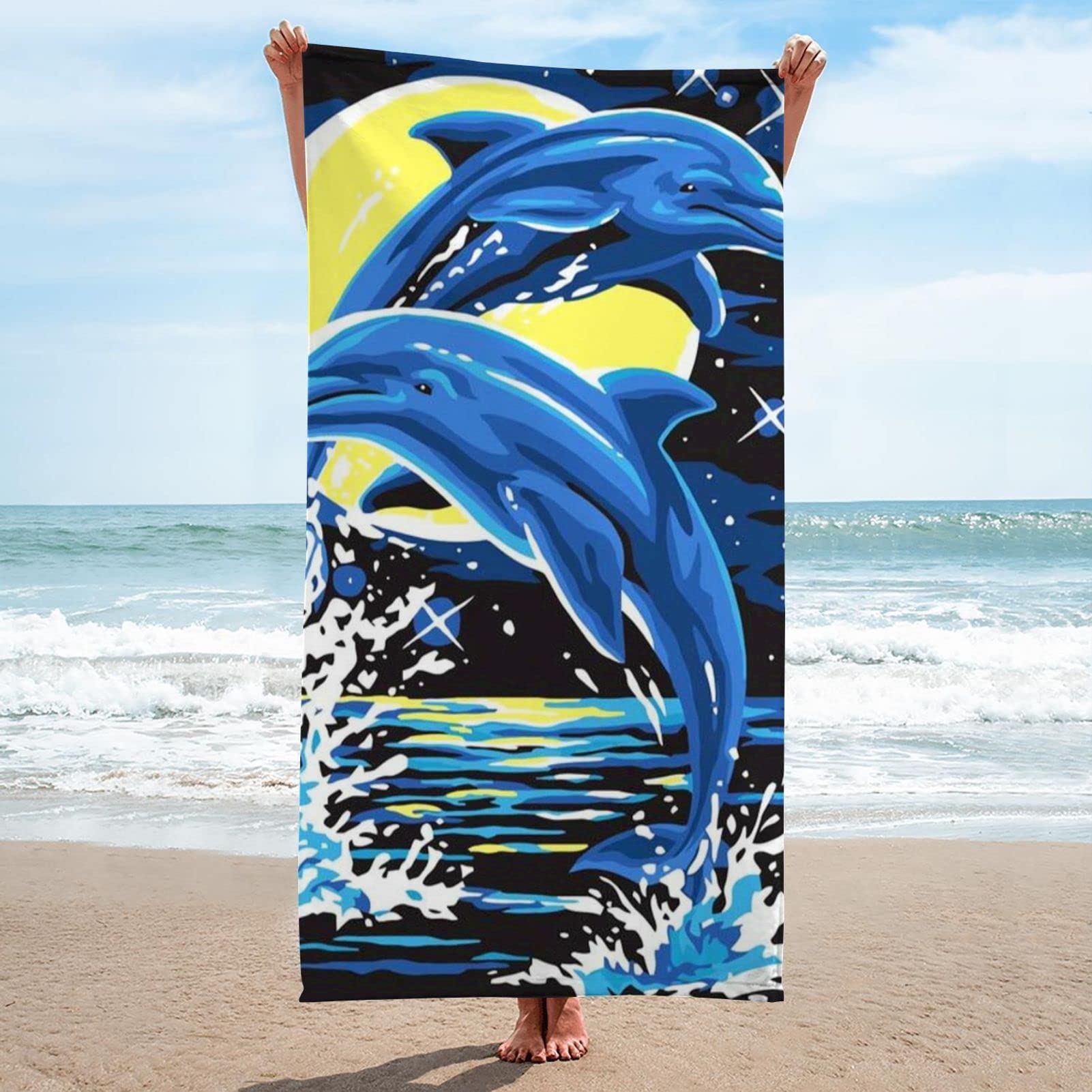 Premium Microfiber Beach Towel with Dolphin & Moon Design - Ultra Lightweight, Quick-Dry, Sandproof - 33