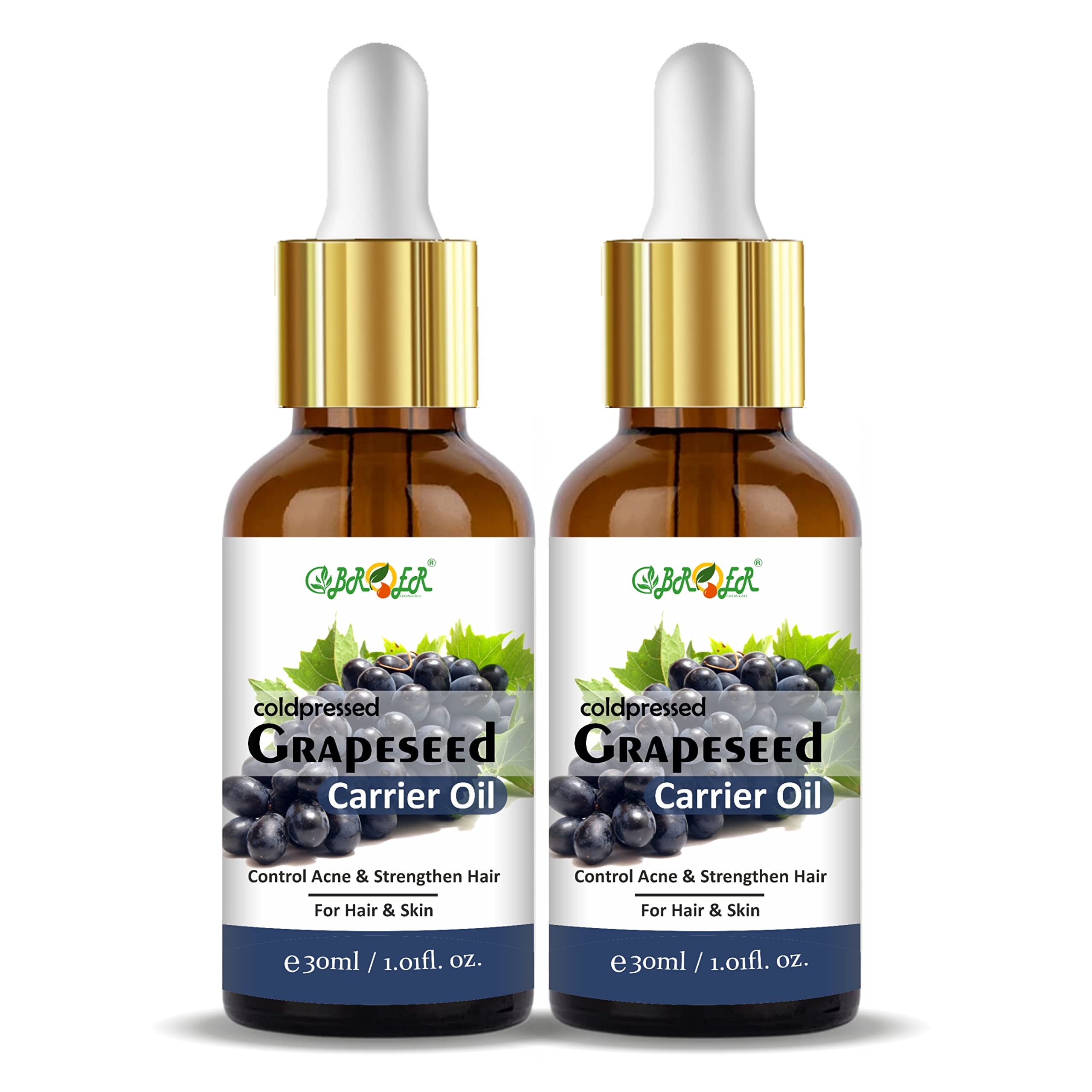 Pure Cold-Pressed Grapeseed Oil for Skin & Hair - Natural Face Massage Oil for Glowing Skin, Acne Treatment & Shiny Hair Care (2-Pack, 60ml) | Perfect for Daily Skincare Routine, DIY Beauty Recipes & Aromatherapy