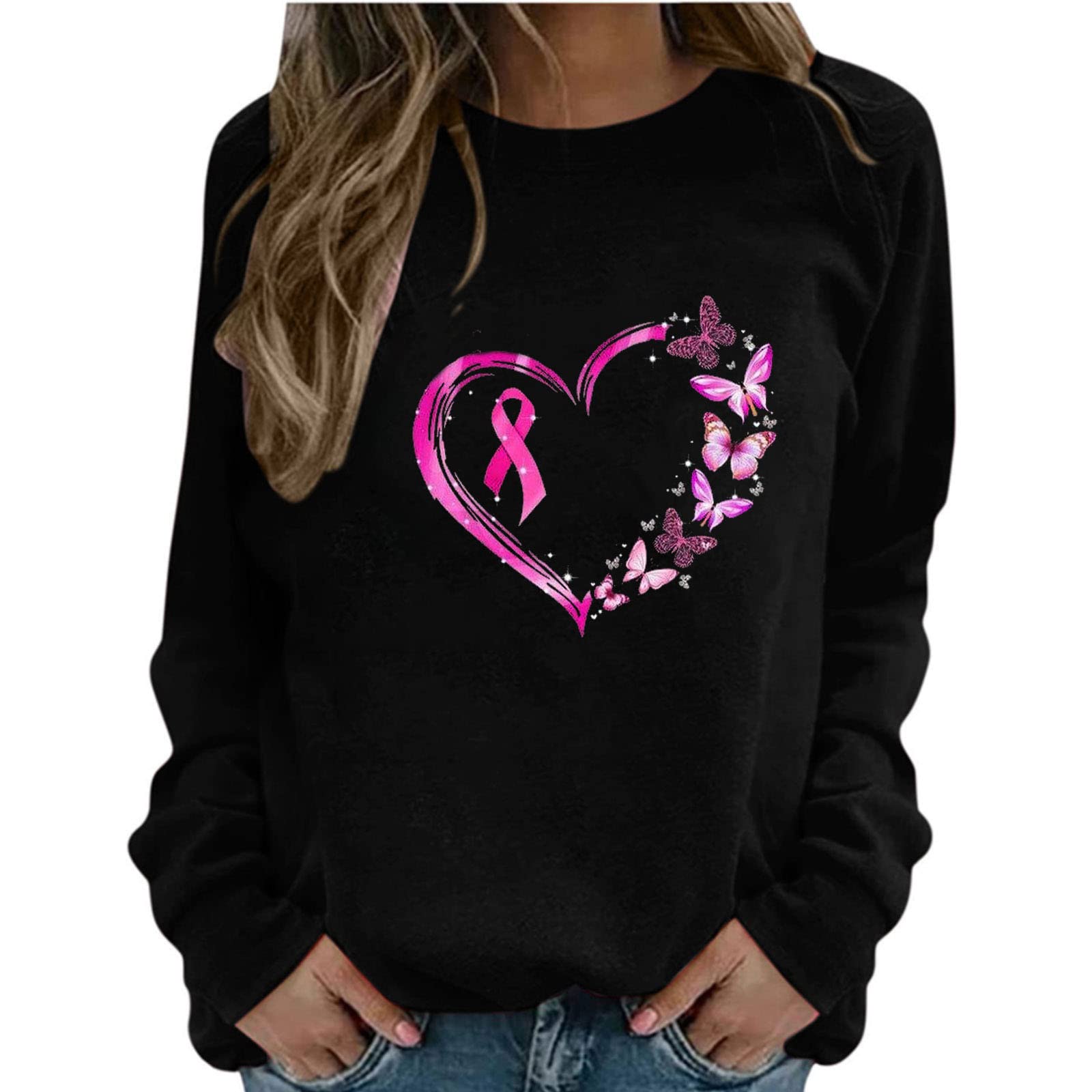 Women's Pink Ribbon Long Sleeve Breast Cancer Awareness Shirt - Soft Graphic Casual Sweatshirt for Fall | Supportive Comfort Top for Survivors, Fundraisers & Everyday Wear