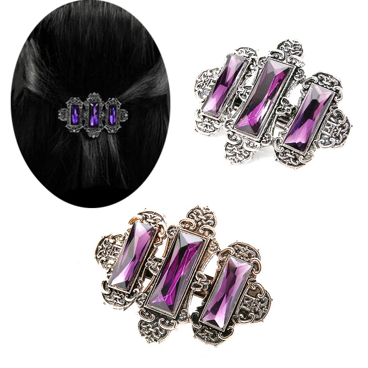 Vintage Crystal Hair Barrettes Set of 2 - French Style Spring Hair Clips for Women, Elegant Hair Jewelry Accessories (Purple) | Perfect for Weddings, Parties & Everyday Wear