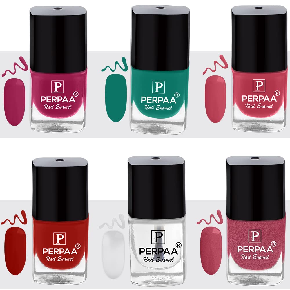 PERPAA® 6-Pack Long-Lasting Gel Nail Polish Set - Quick Dry, Non-Chip, High Gloss (Pink, Light Pink, Green, Glitter, Deep Red, Clear) for Manicures, Pedicures & Nail Art Designs