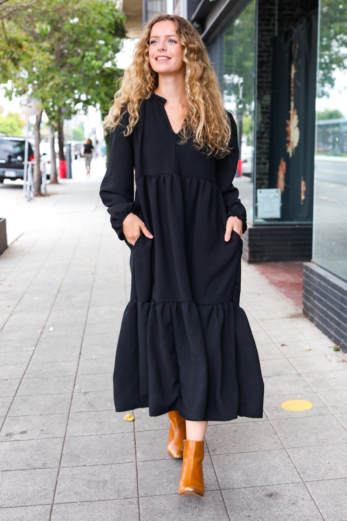 Elegant Black Notched Neck Frill Hem Tiered Maxi Dress for Women - Perfect for Weddings, Parties & Evening Events