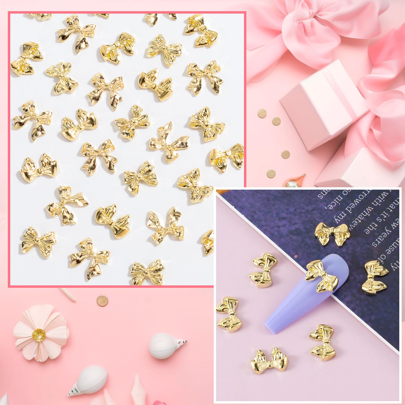 90 Pcs Gold Bow Nail Charms - Acrylic Bowknot Nail Bows with Glitter Ribbon for Nail Art, DIY Crafts, Scrapbooking | Perfect for Women's Manicure, Party Nail Decorations & Gift Wrapping Accessories