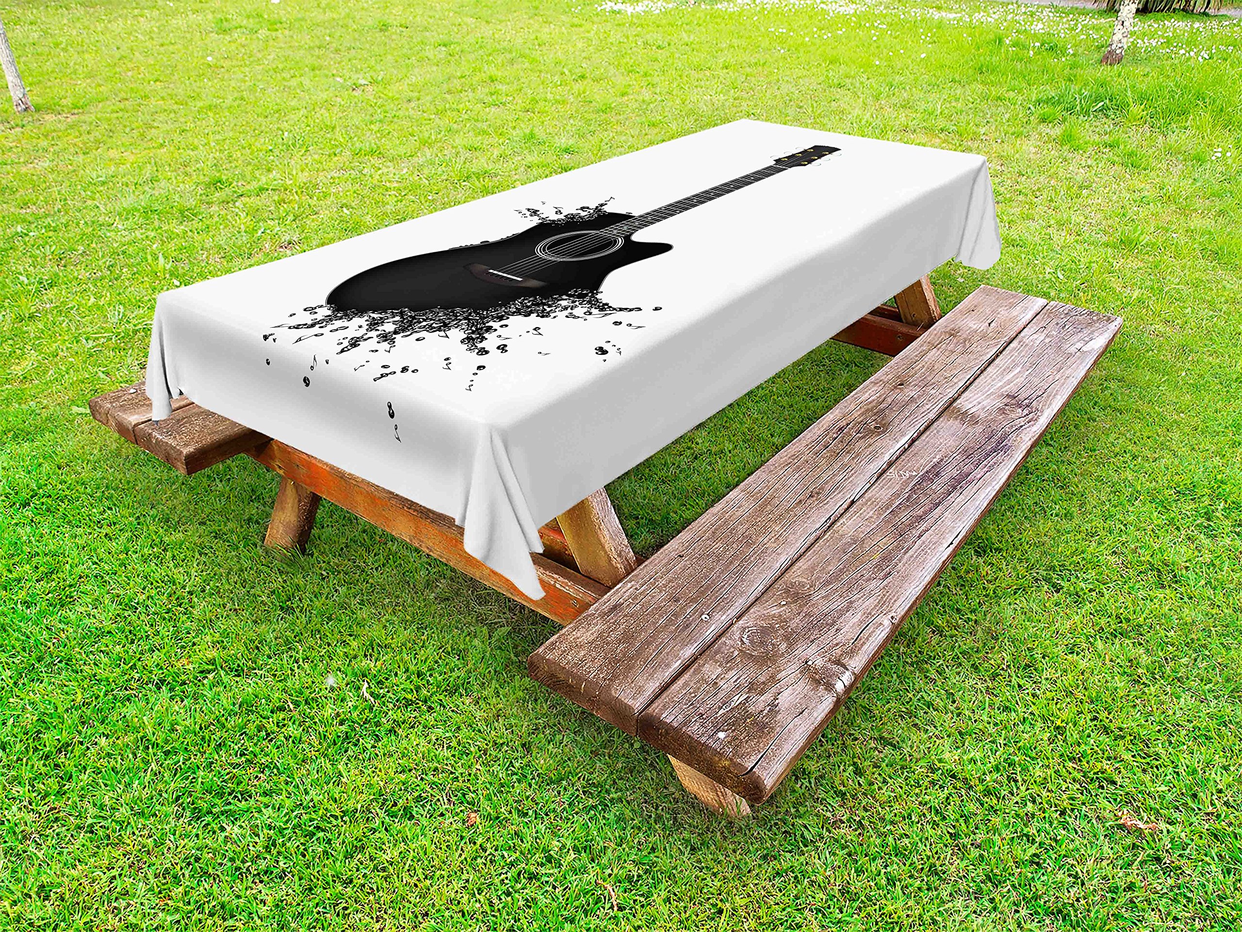 Ambesonne Guitar Print Outdoor Tablecloth - Monochrome Acoustic Instrument Design with Strings & Color Splashes - Waterproof Washable Picnic Table Cover 58x120 Inches - Perfect for BBQs, Garden Parties & Outdoor Dining - Black & White