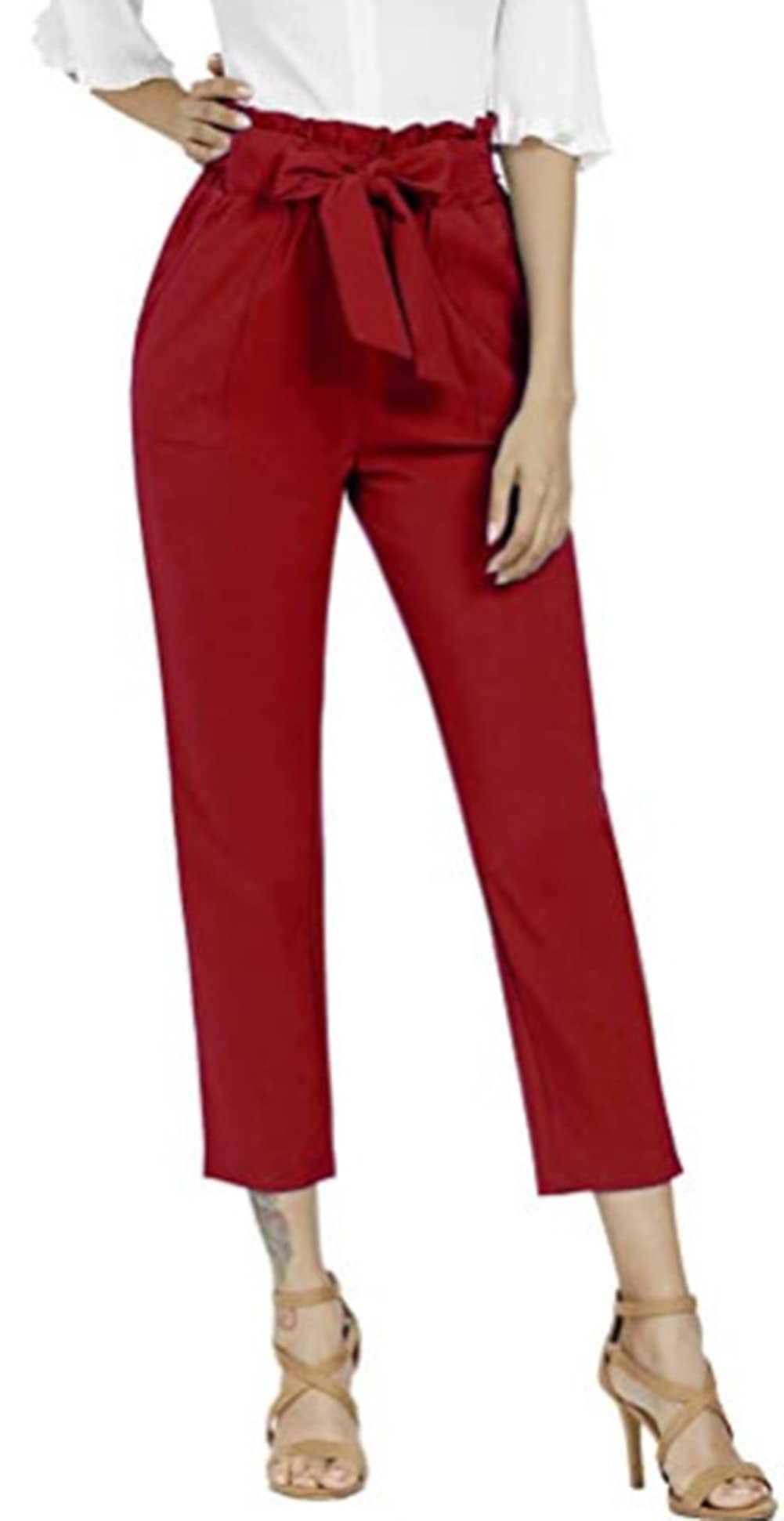 Chvity Women's High Waist Paper Bag Pants - Elastic Waistband, Slim Fit Casual Trousers with Pockets for Work | Office Wear, Business Casual, Everyday Outfits