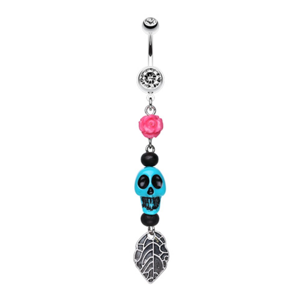 Stylish Colorful Rose Skull Leaf Dangle Belly Button Ring for Women - Perfect for Piercing Jewelry, Belly Bars, Navel Rings & Body Jewelry Accessories