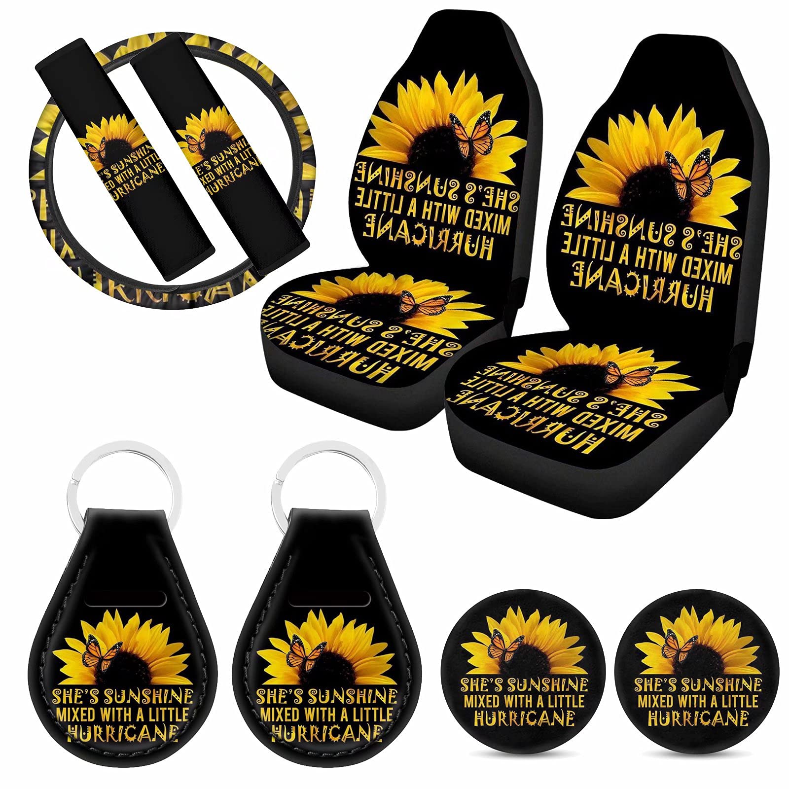 KUIFORTI She's Sunshine Sunflower Car Seat Covers Full Set - 9-Piece Car Interior Accessories for Women (Includes Sunflower Cup Holder Coasters, Keychain, Steering Wheel Cover & Seat Belt Pads) - Perfect Gift for Women, Car Enthusiasts & Sunflower Lovers - Great for Daily Commute, Road Trips & Car Decor