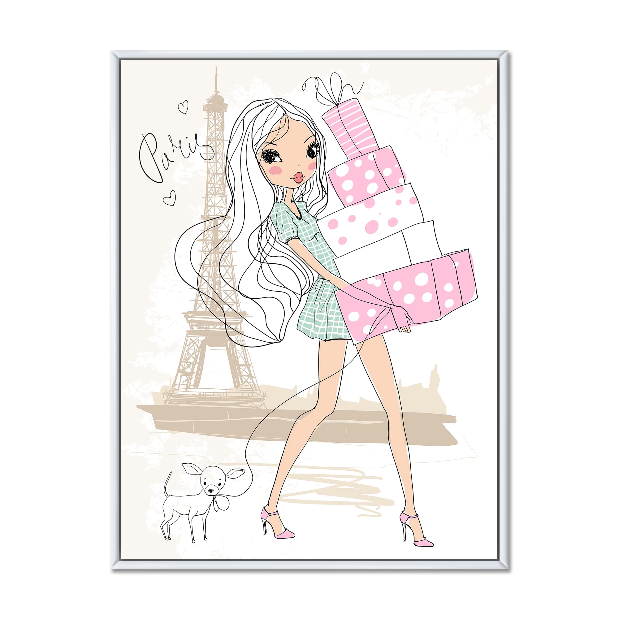 Shabby Chic Framed Canvas Wall Art Print - Young Girl with Shopping Boxes in Paris - Perfect for Girls' Bedroom, Nursery, or Boho Home Decor