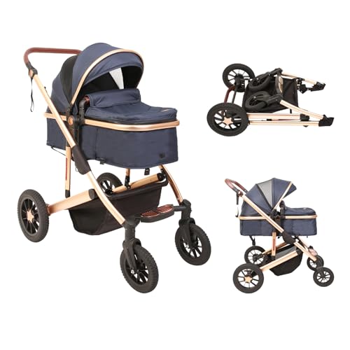 2 in 1 Baby Stroller with Reversible Bassinet - Adjustable Backrest & Canopy, Foldable Lightweight Aluminum Alloy Stroller for Newborn to Toddler (Gold-Blue) - Perfect for Park Walks, Shopping & Travel