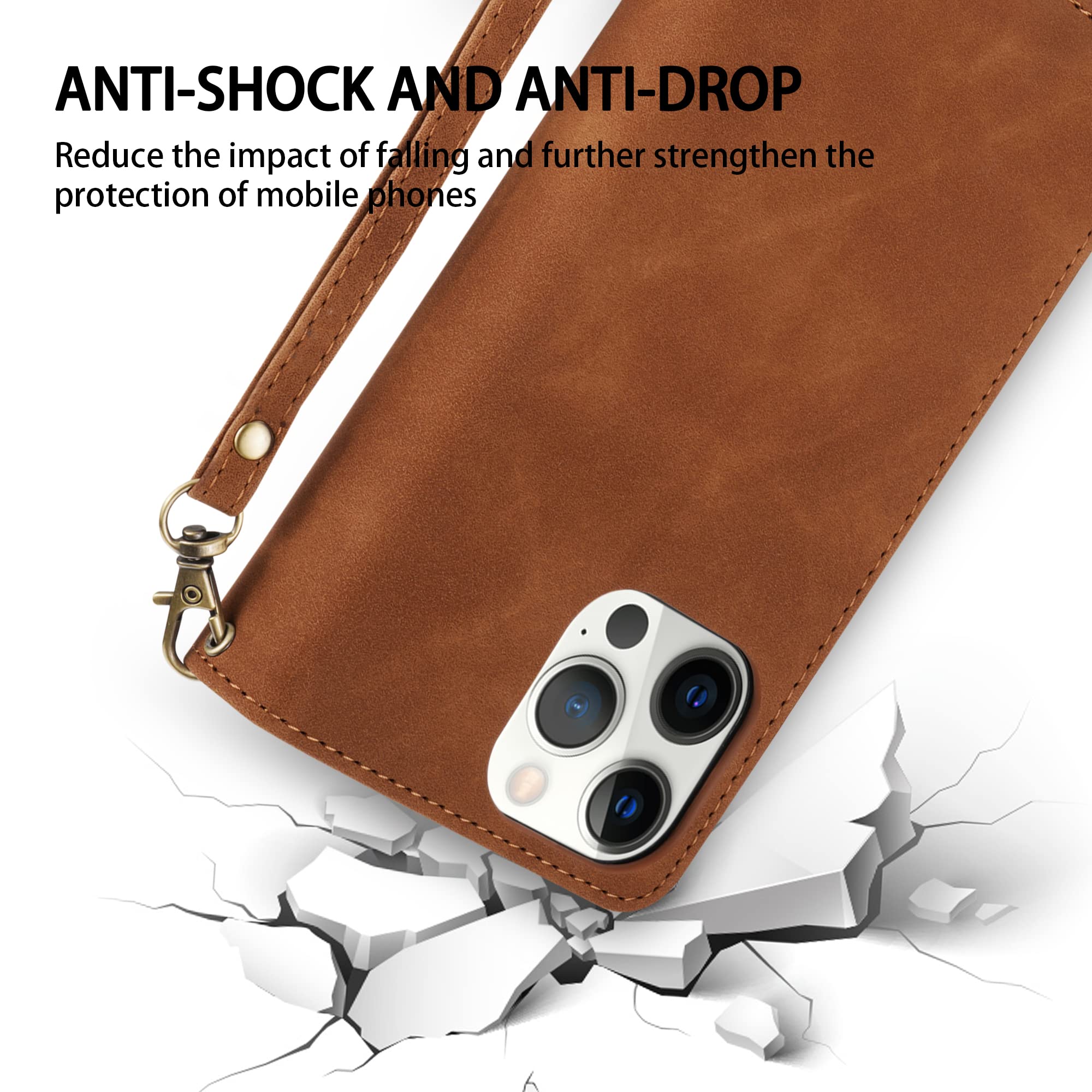 Premium Soft PU Leather Zipper Flip Wallet Case for iPhone 12 Pro Max (6.7 inch) - Card Slots, Wrist Strap & Kickstand | Protective Folio Cover for Everyday Use, Travel & Business (Brown)