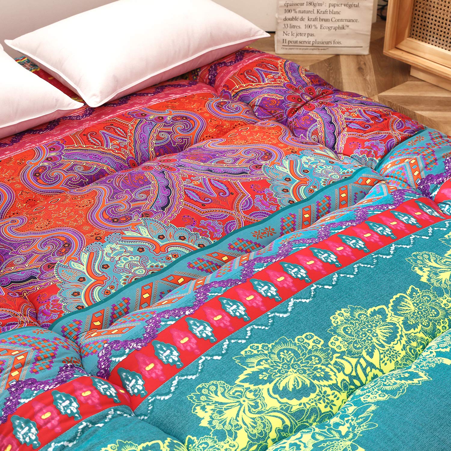 Bohemian Retro Floor Mattress - Japanese Futon Mattress with Floral Design for Bedroom, Living Room & Guest Room | Comfortable Floor Sleeping Pad for Yoga, Meditation & Camping
