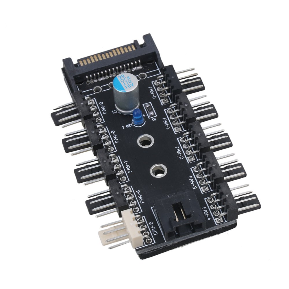 RDEXP 7.6x5x1.8cm Black SATA 10-Port PWM Fan Hub Controller - 12V 3Pin/4Pin PC Case CPU Cooling Fan Splitter for Gaming PC, Workstation, and Server Cooling Systems