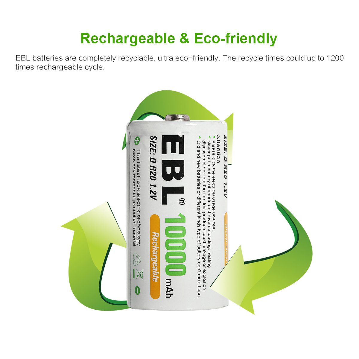 EBL 4 Pack D Rechargeable Batteries 10000mAh Ni-MH High Capacity D Cell Batteries - Perfect for Flashlights, Toys, Radios & Emergency Power Supply (New Retail Packaging)