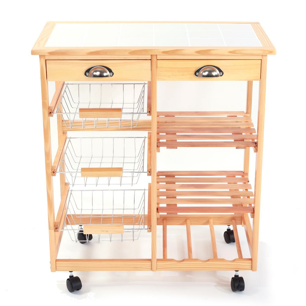Mytunes Wooden Kitchen Island Cart with 3 Baskets & 2 Drawers - Mobile Storage Trolley, Baker Rack & Kitchen Organizer Shelf for Small Spaces - Perfect for Baking, Cooking & Pantry Storage (Natural Wood Color)