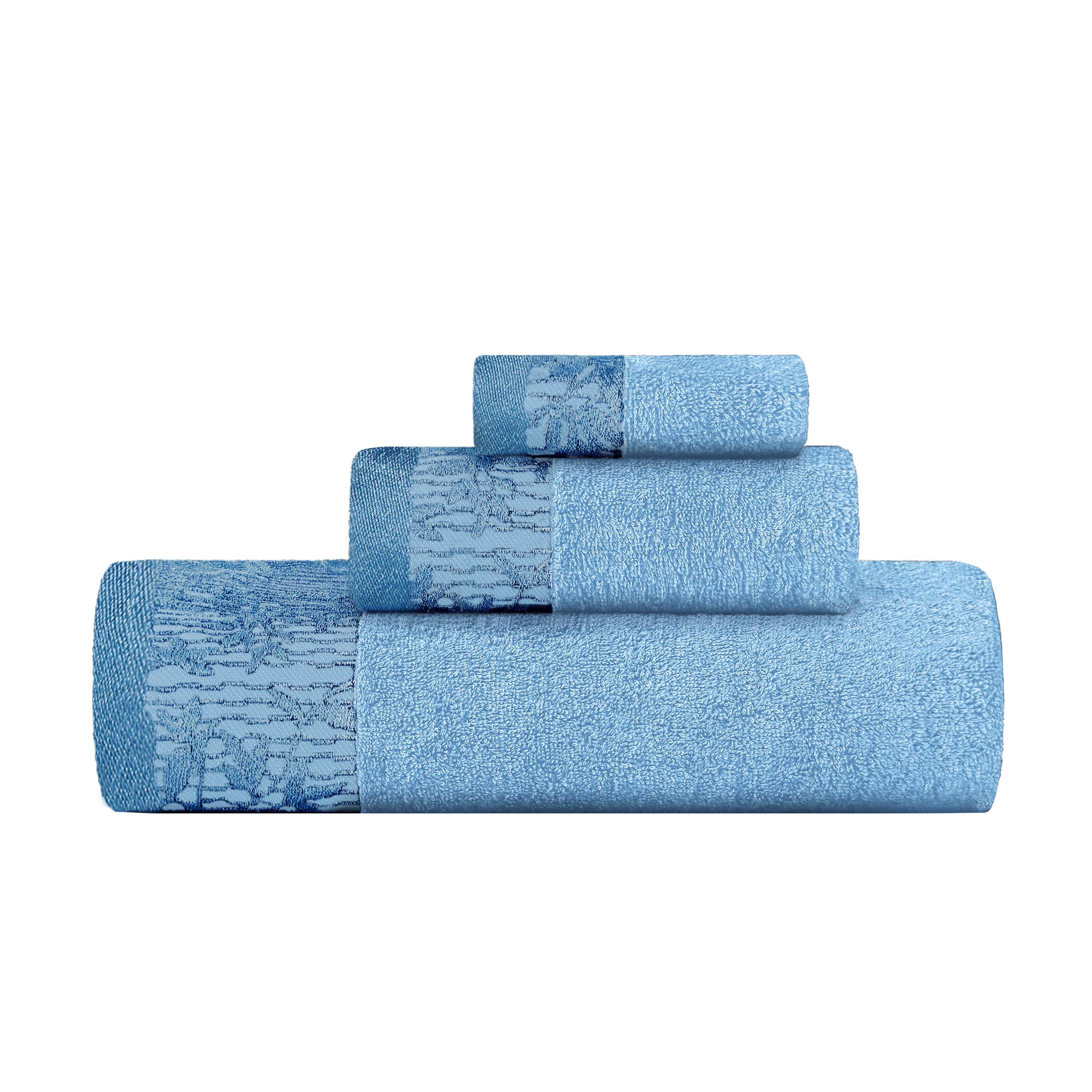 Wisteria Cotton Floral Embroidered Jacquard Border 3-Piece Bath Towel Set - Soft & Absorbent for Bathroom, Spa, and Guest Use