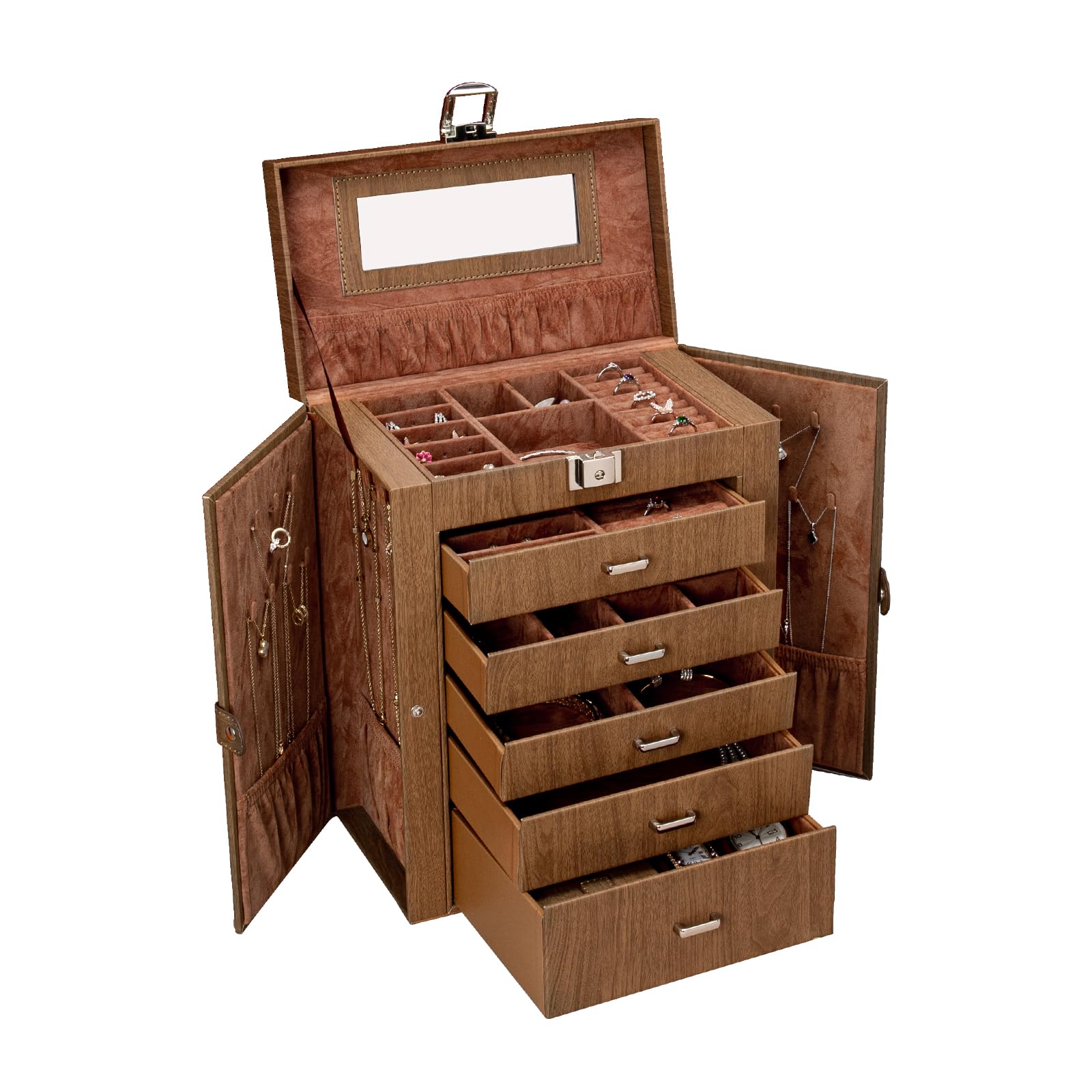 6-Tier Jewelry Organizer Box with Mirror & Lock - Perfect Gift for Women