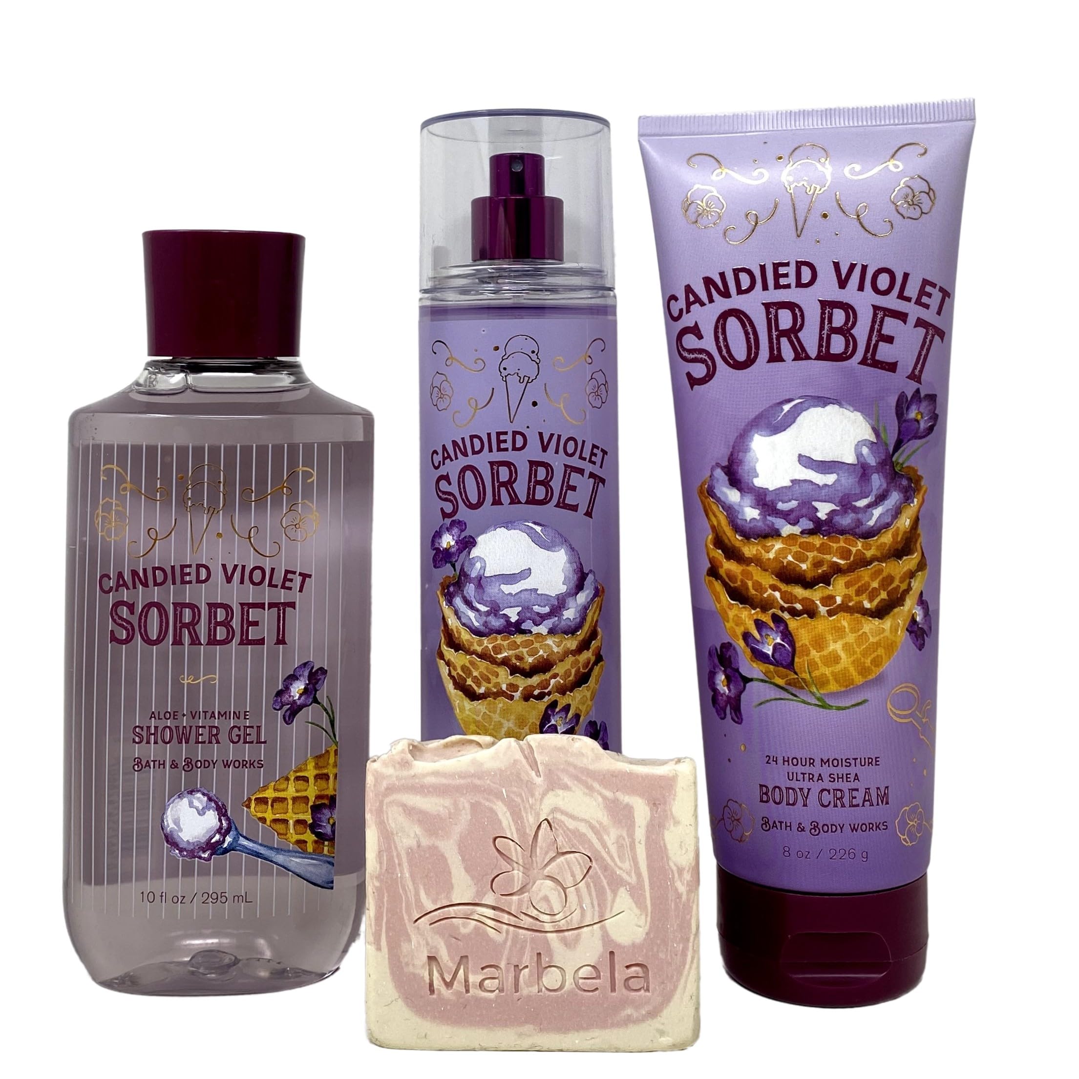 Bath & Body Works Candied Violet Sorbet Gift Set - Fragrance Mist, Body Cream & Shower Gel with Himalayan Salt Soap Sample | Perfect for Self-Care, Spa Days & Romantic Gifts