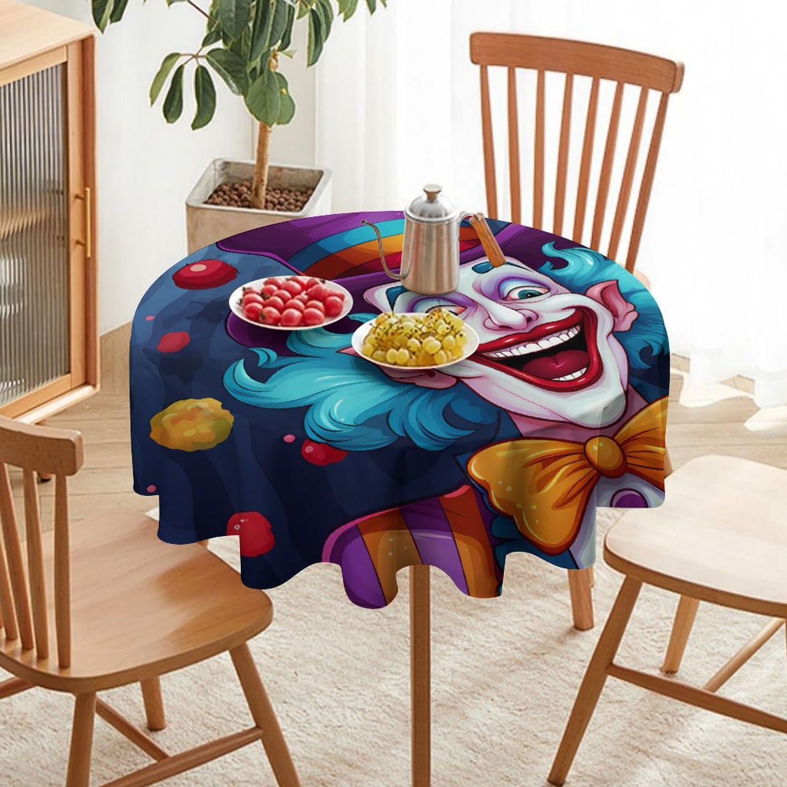 Happy Working Clown Round Tablecloth - Washable Polyester Table Cover for Restaurant, Party & Kitchen Decor - Perfect for Birthday Celebrations, Themed Events & Home Dining