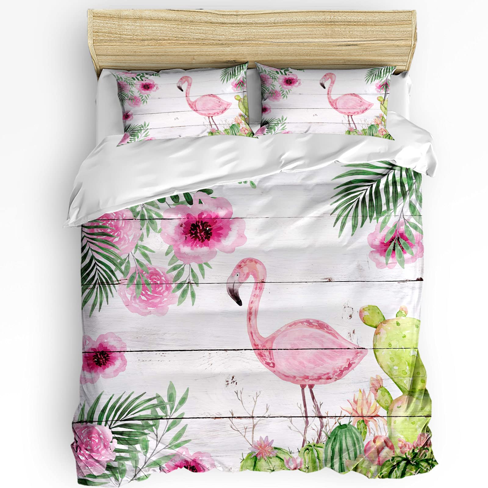 Flamingo Full Bedding Set 3 Piece - Tropical Comforter, Duvet Cover & Pillow Shams for Teens Boys Girls - Vibrant Cactus Summer Design - Perfect for Bedroom Decor, Dorm Room Essentials & Cozy Sleep