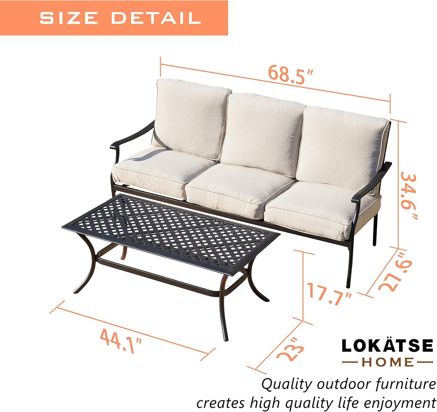 LOKATSE HOME 3-Seat Metal Outdoor Loveseat Bench with Coffee Table - Patio Bistro Set for Garden, Yard, Poolside, Porch or Lawn - Beige - Perfect for Relaxing, Entertaining Guests and Outdoor Dining